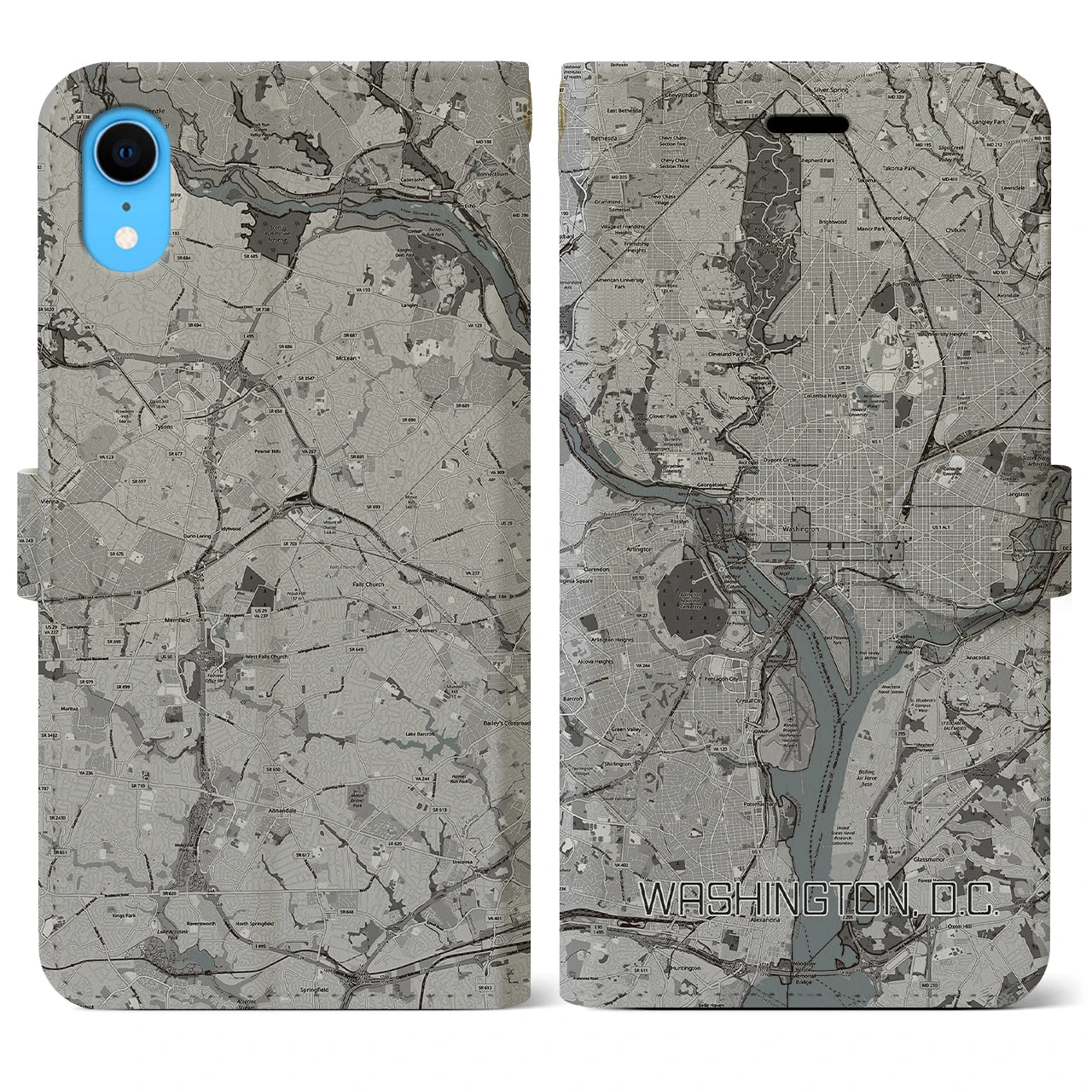 【ワシントンD.C.(アメリカ)】地図柄iPhoneケース(手帳タイプ)モノトーン・iPhone XR 用