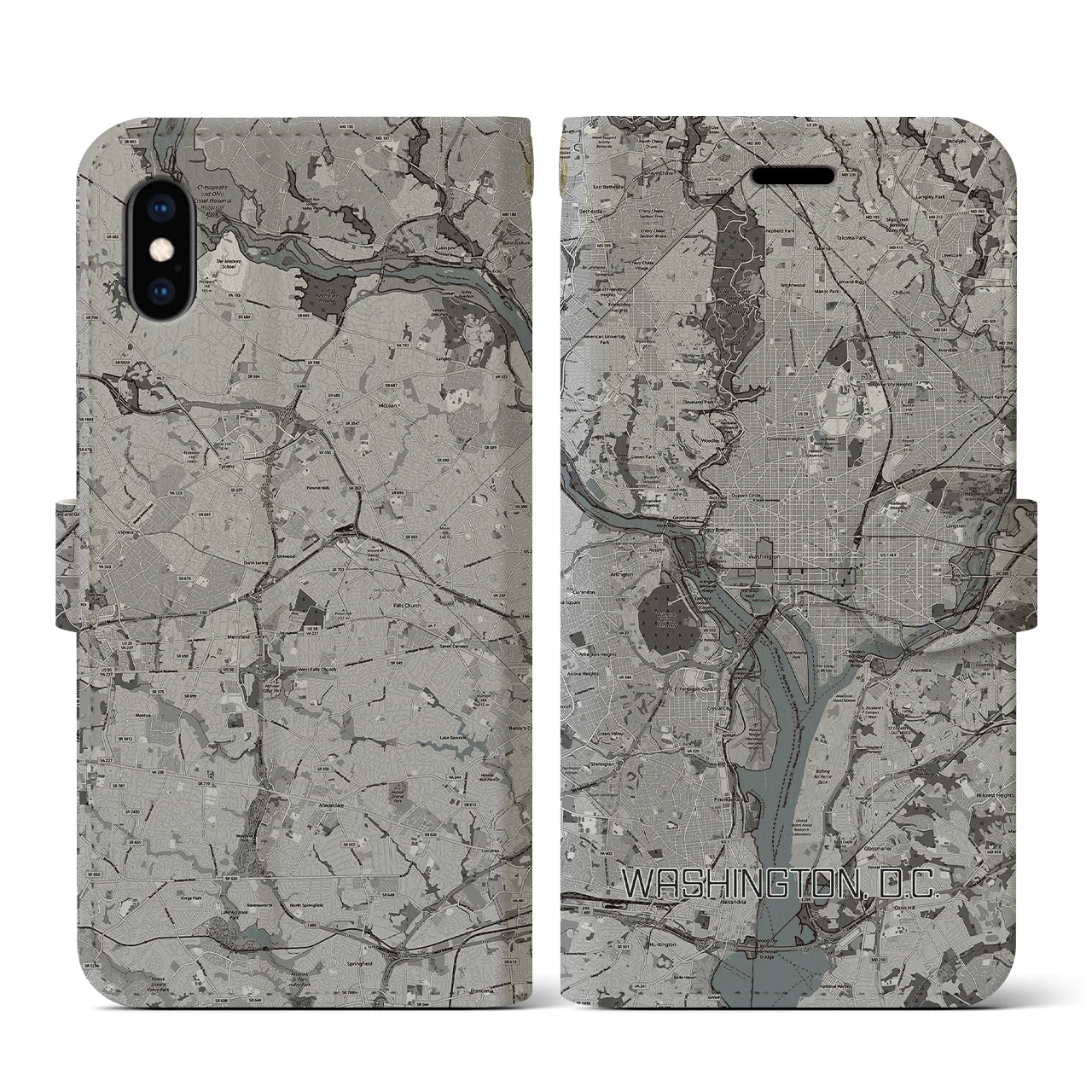 【ワシントンD.C.(アメリカ)】地図柄iPhoneケース(手帳タイプ)モノトーン・iPhone XS / X 用