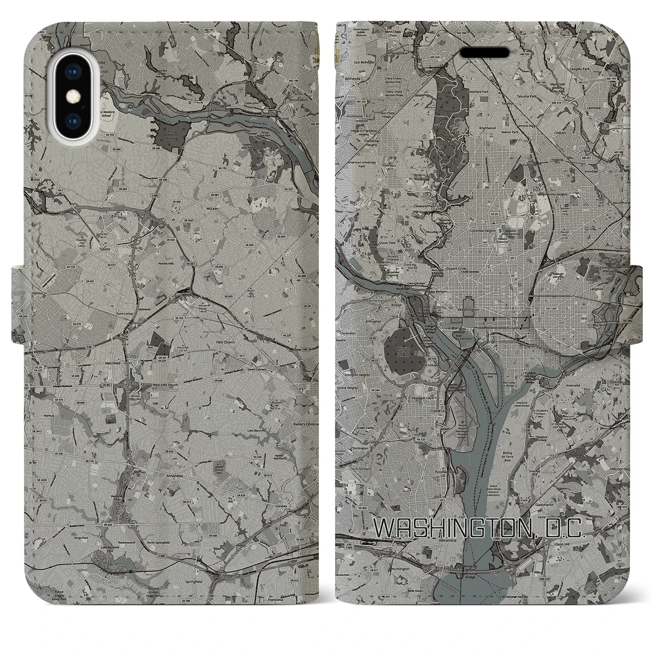 【ワシントンD.C.(アメリカ)】地図柄iPhoneケース(手帳タイプ)モノトーン・iPhone XS Max 用