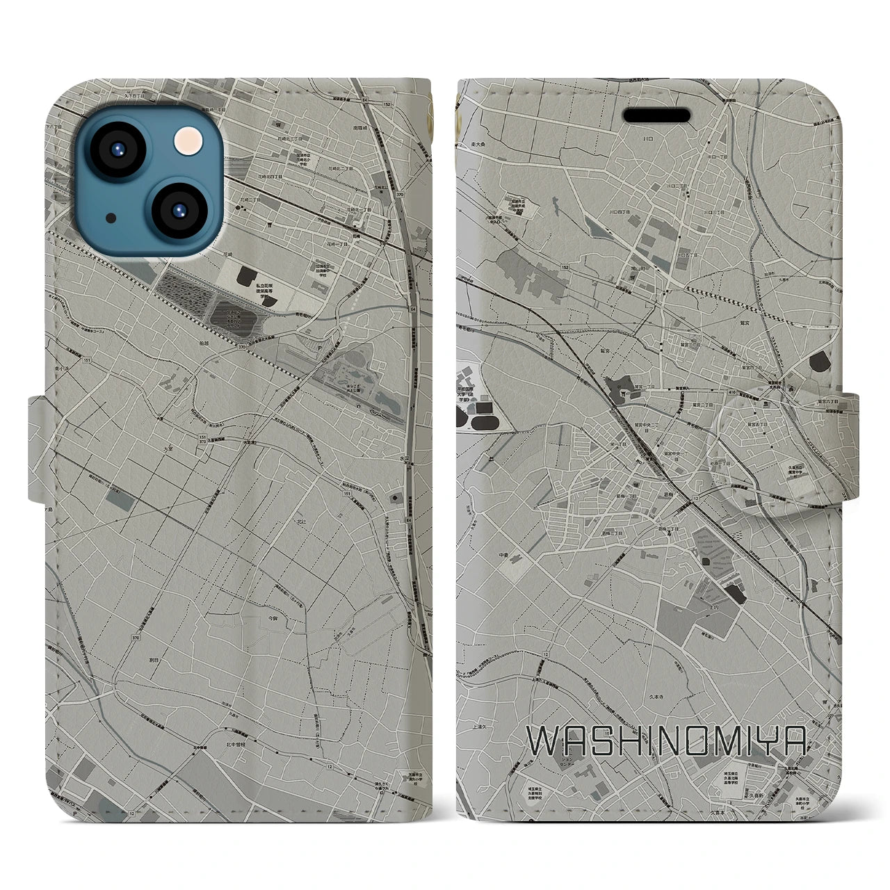 【鷲宮(埼玉県)】地図柄iPhoneケース(手帳タイプ)モノトーン・iPhone 13 用