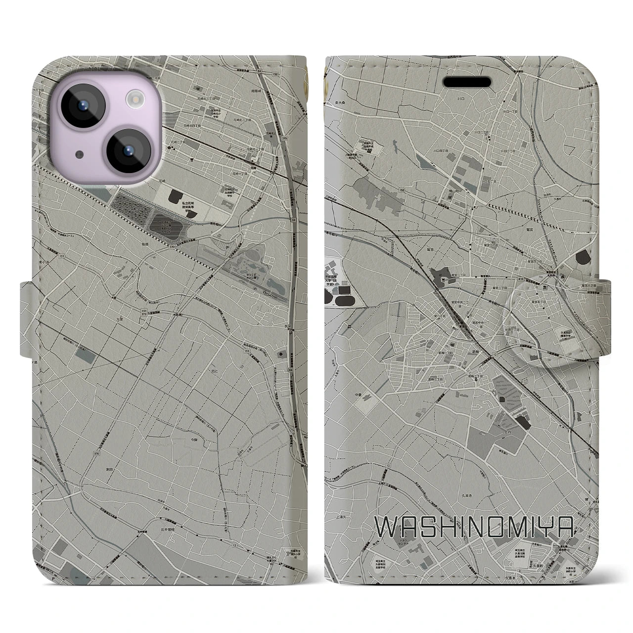 【鷲宮(埼玉県)】地図柄iPhoneケース(手帳タイプ)モノトーン・iPhone 14 用