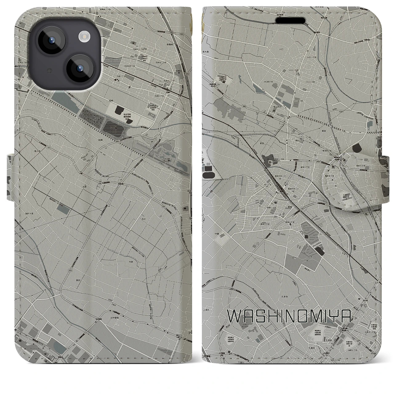 【鷲宮(埼玉県)】地図柄iPhoneケース(手帳タイプ)モノトーン・iPhone 14 Plus 用