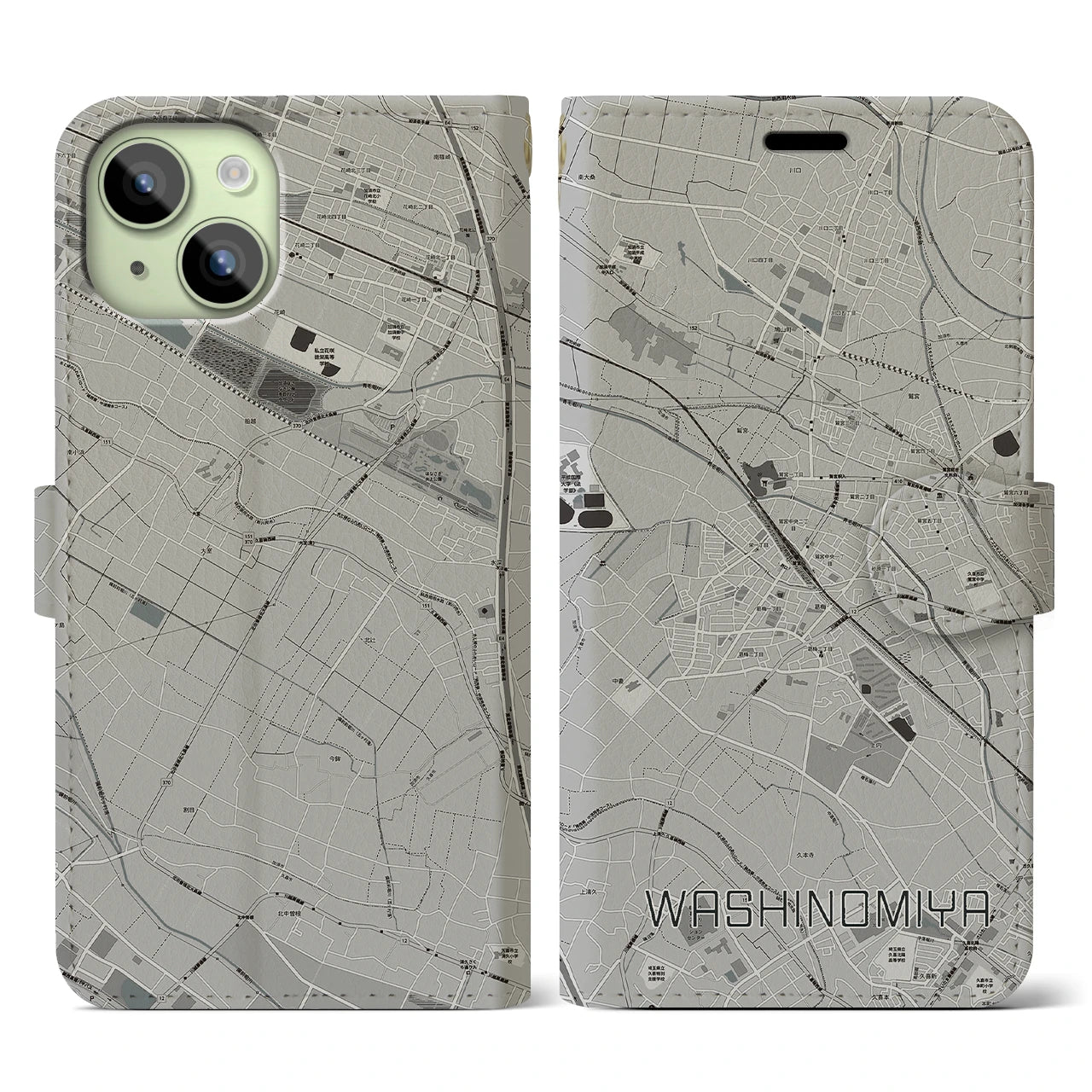 【鷲宮(埼玉県)】地図柄iPhoneケース(手帳タイプ)モノトーン・iPhone 15 用
