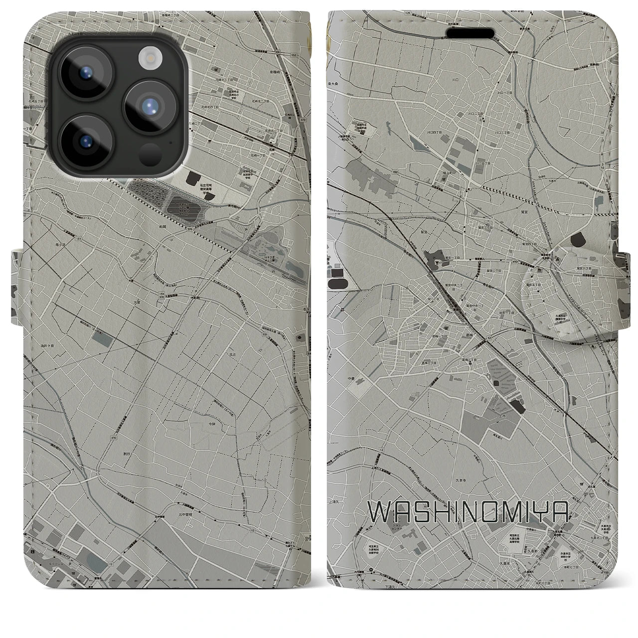 【鷲宮(埼玉県)】地図柄iPhoneケース(手帳タイプ)モノトーン・iPhone 15 Pro Max 用
