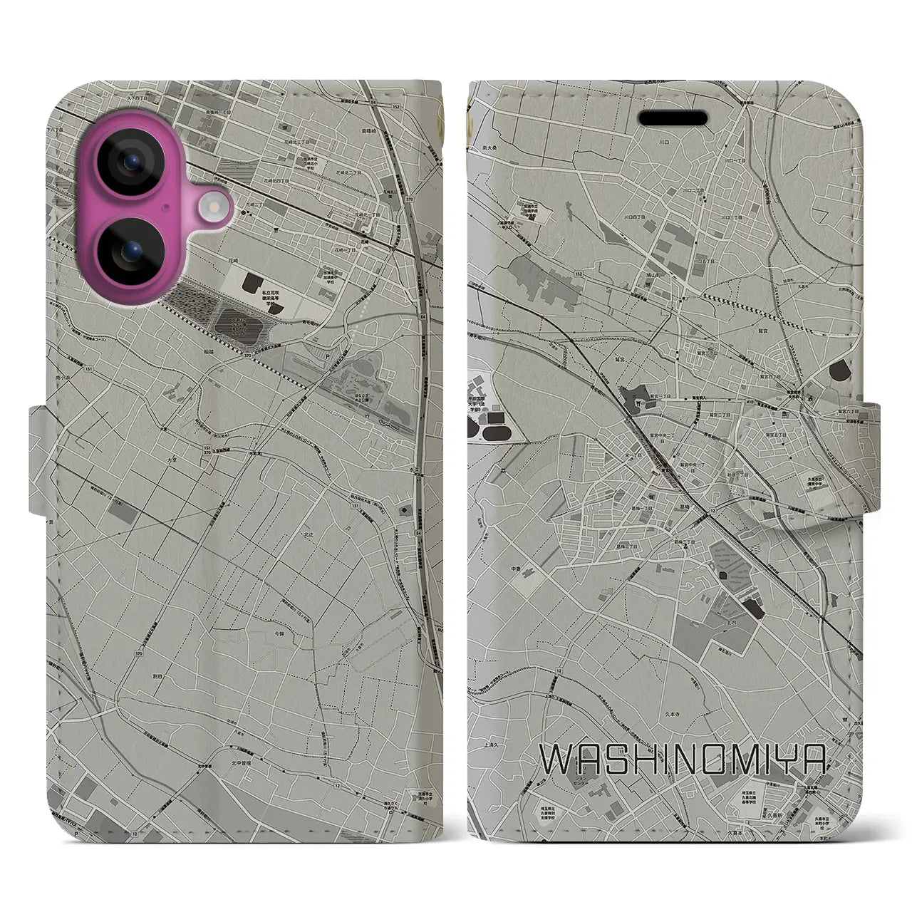 【鷲宮(埼玉県)】地図柄iPhoneケース(手帳タイプ)モノトーン・iPhone 16 Pro 用