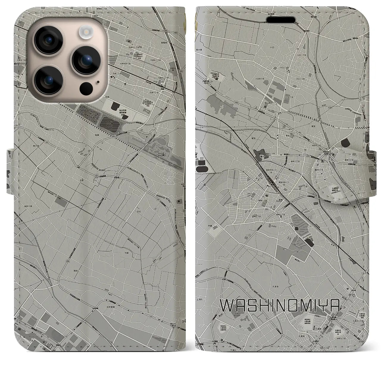 【鷲宮(埼玉県)】地図柄iPhoneケース(手帳タイプ)モノトーン・iPhone 16 Plus 用