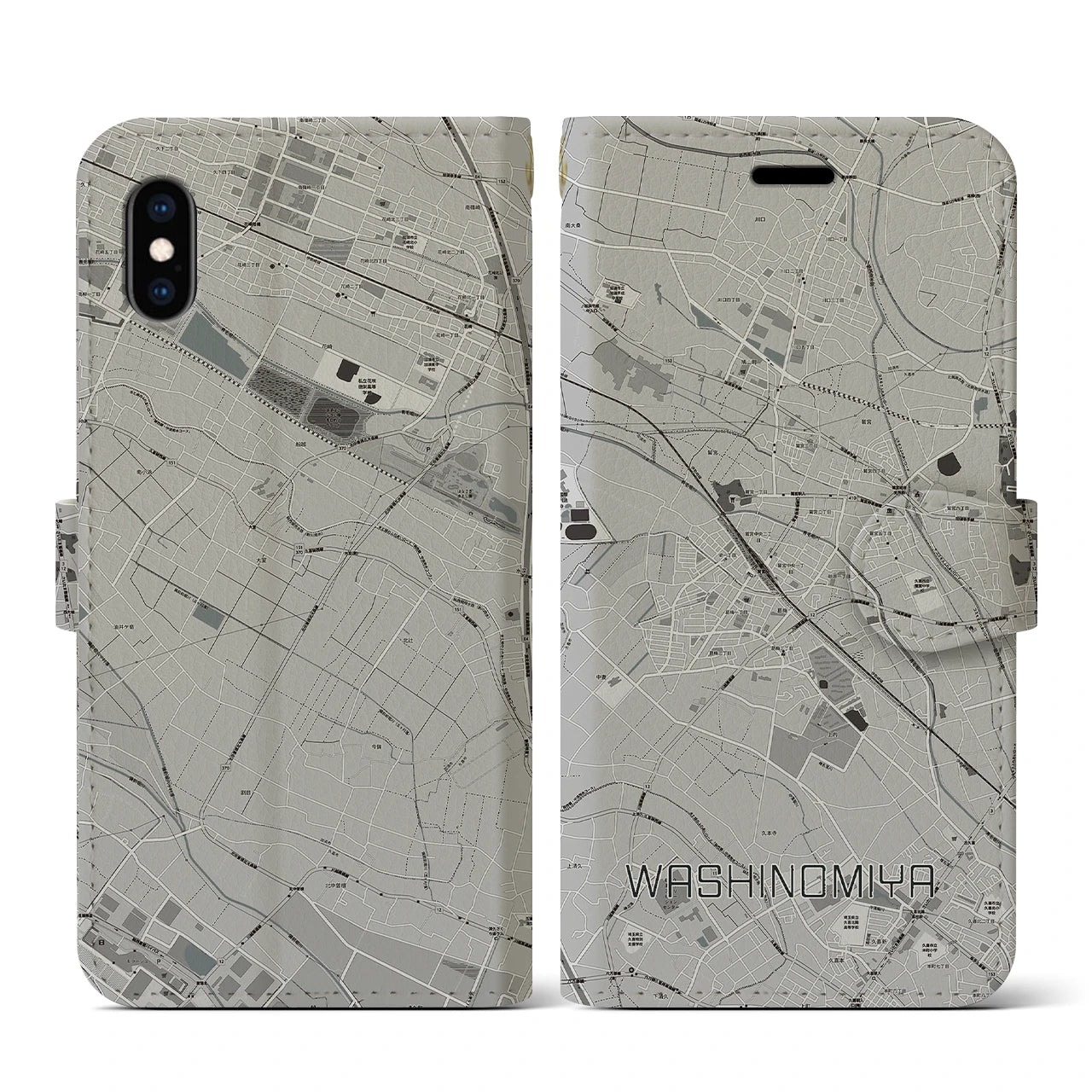【鷲宮(埼玉県)】地図柄iPhoneケース(手帳タイプ)モノトーン・iPhone XS / X 用