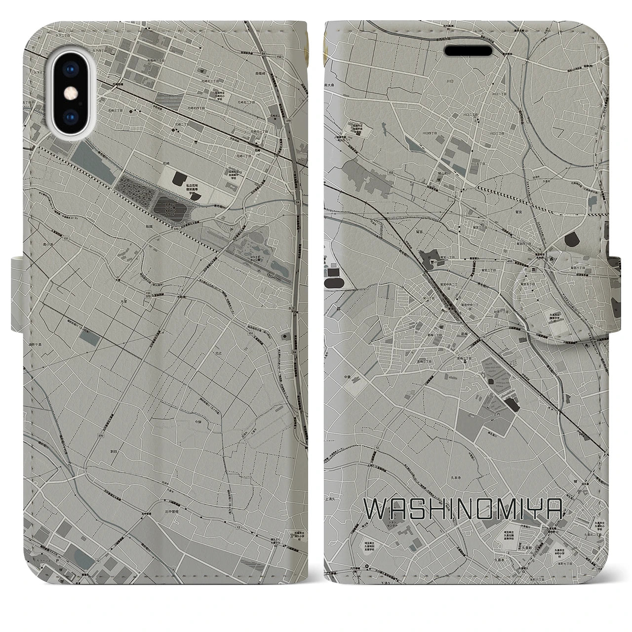 【鷲宮(埼玉県)】地図柄iPhoneケース(手帳タイプ)モノトーン・iPhone XS Max 用