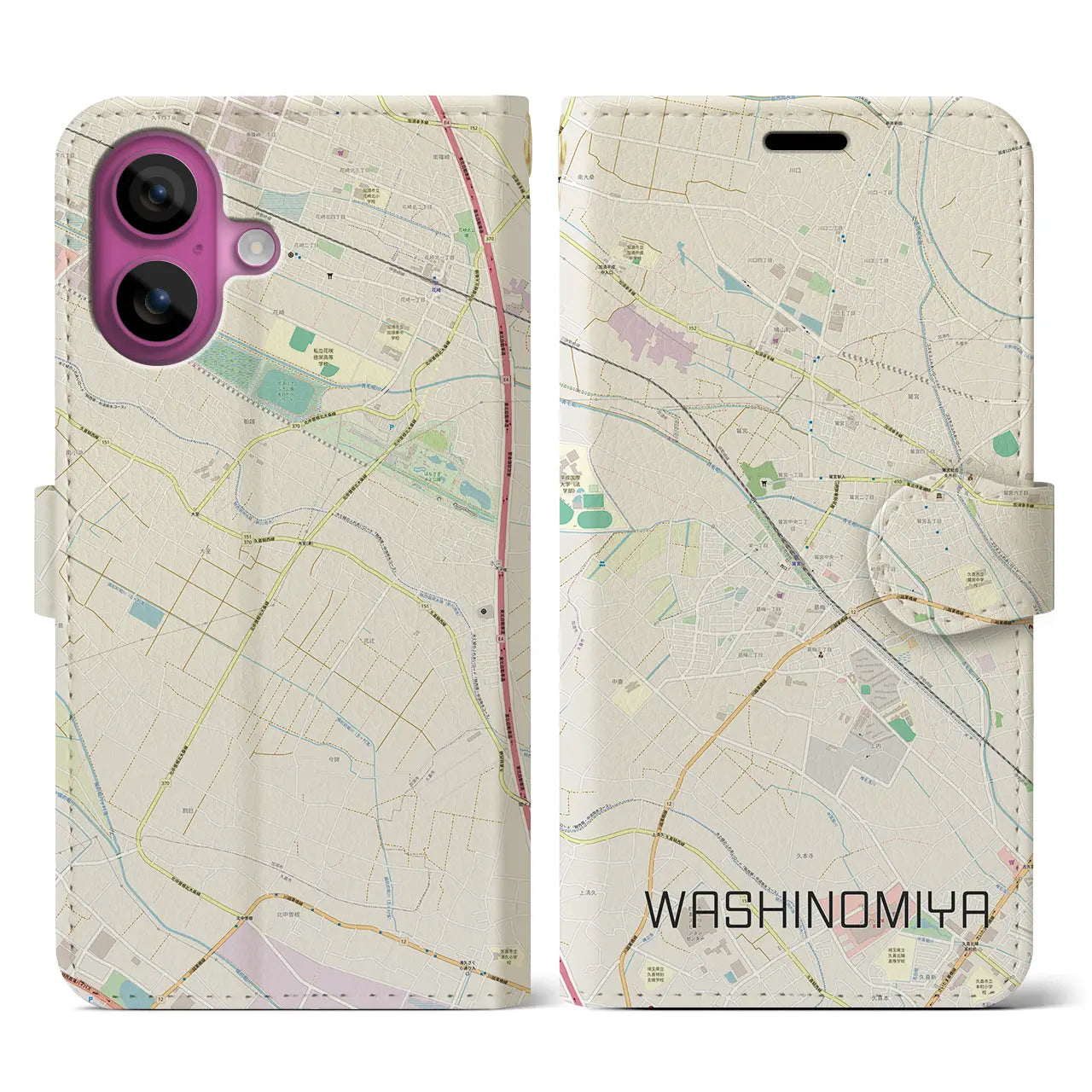 【鷲宮(埼玉県)】地図柄iPhoneケース(手帳タイプ)ナチュラル・iPhone 16 Pro 用