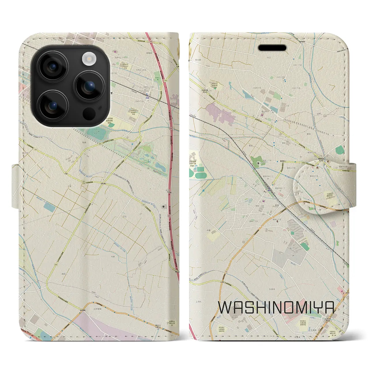 【鷲宮(埼玉県)】地図柄iPhoneケース(手帳タイプ)ナチュラル・iPhone 16 用