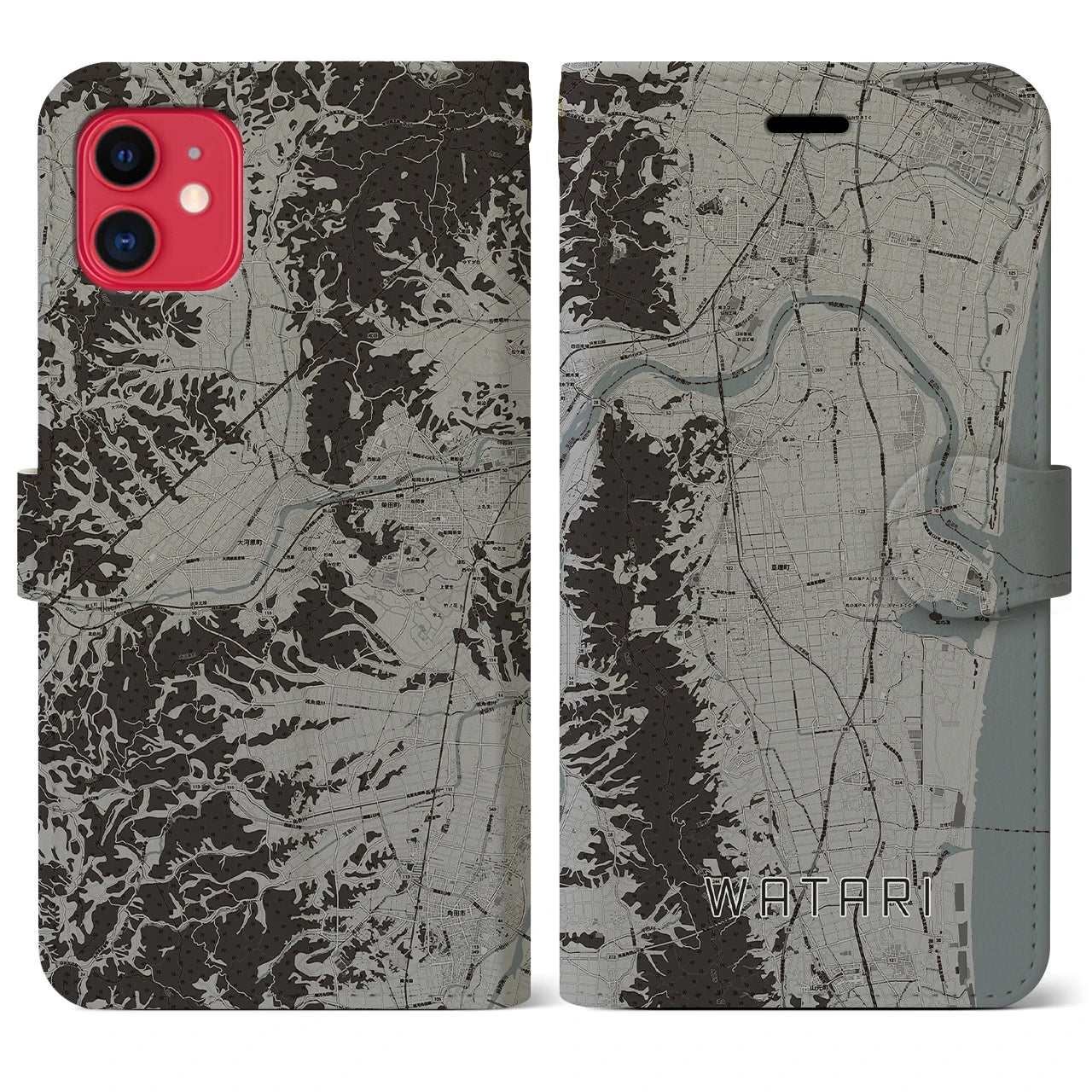 【亘理(宮城県)】地図柄iPhoneケース(手帳タイプ)モノトーン・iPhone 11 用