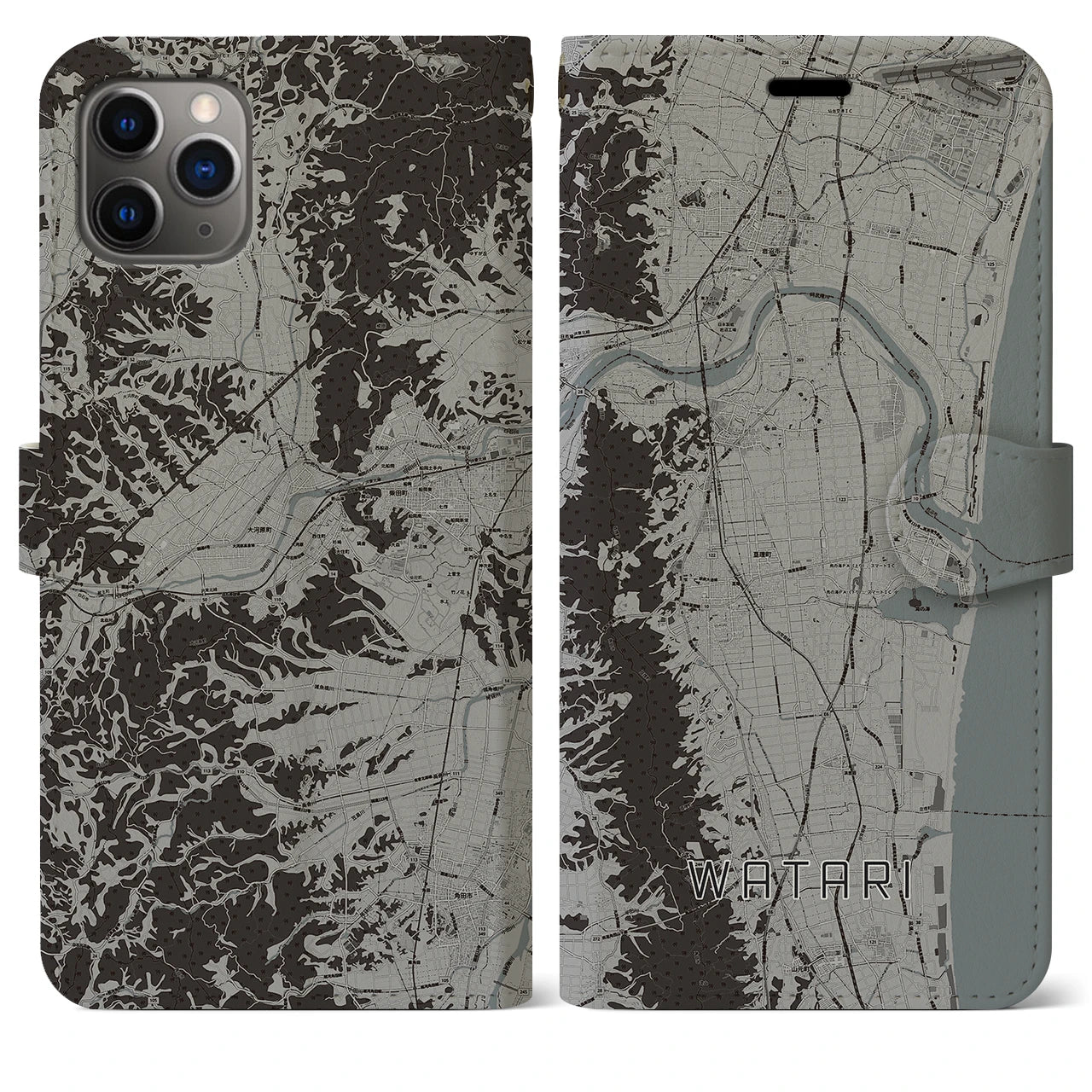 【亘理(宮城県)】地図柄iPhoneケース(手帳タイプ)モノトーン・iPhone 11 Pro Max 用