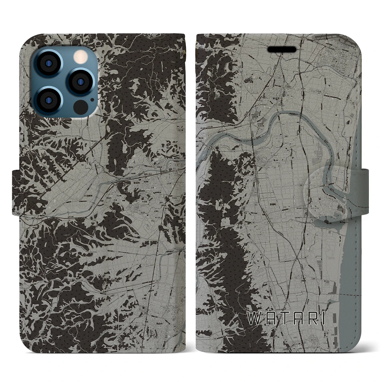 【亘理(宮城県)】地図柄iPhoneケース(手帳タイプ)モノトーン・iPhone 12 / 12 Pro 用