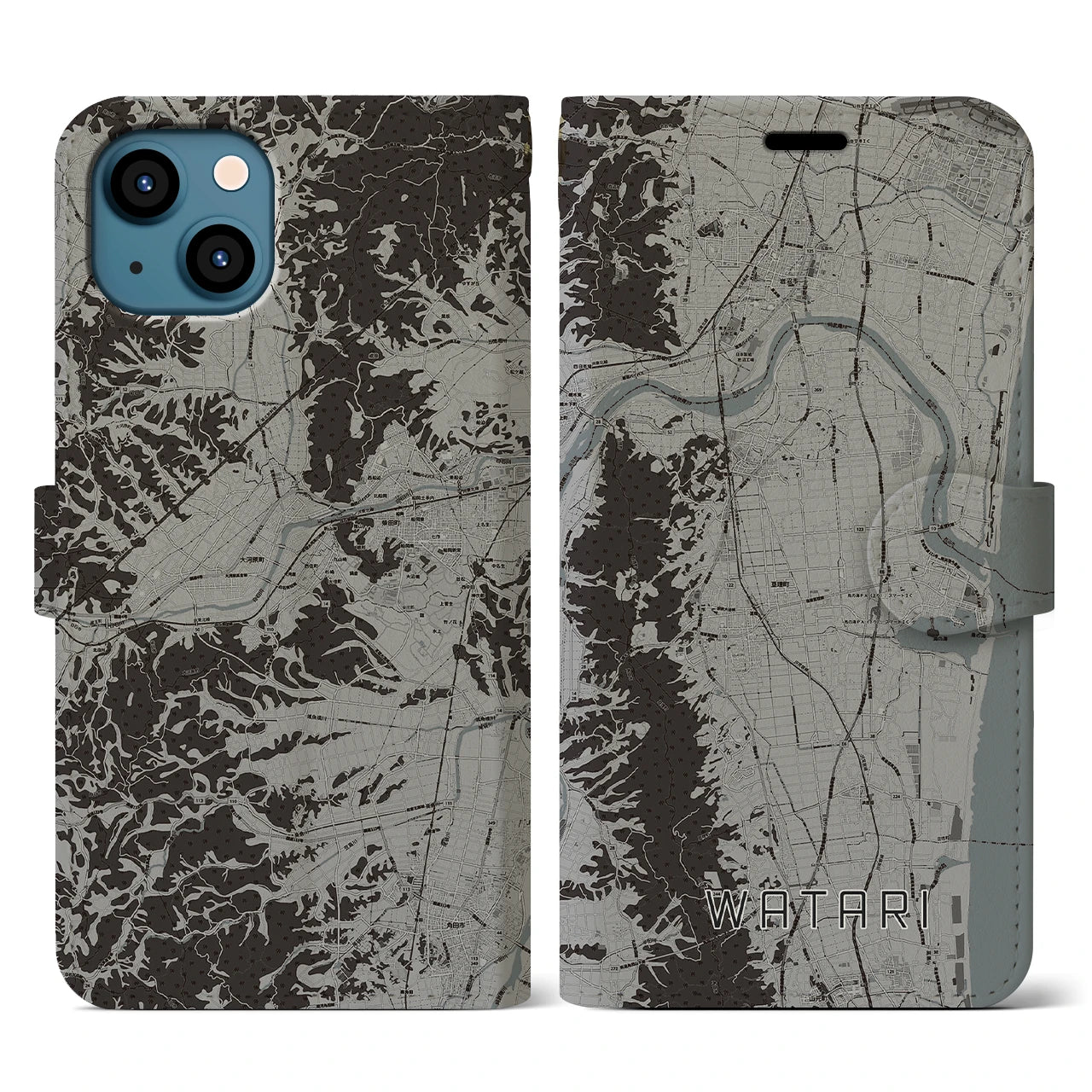 【亘理(宮城県)】地図柄iPhoneケース(手帳タイプ)モノトーン・iPhone 13 用