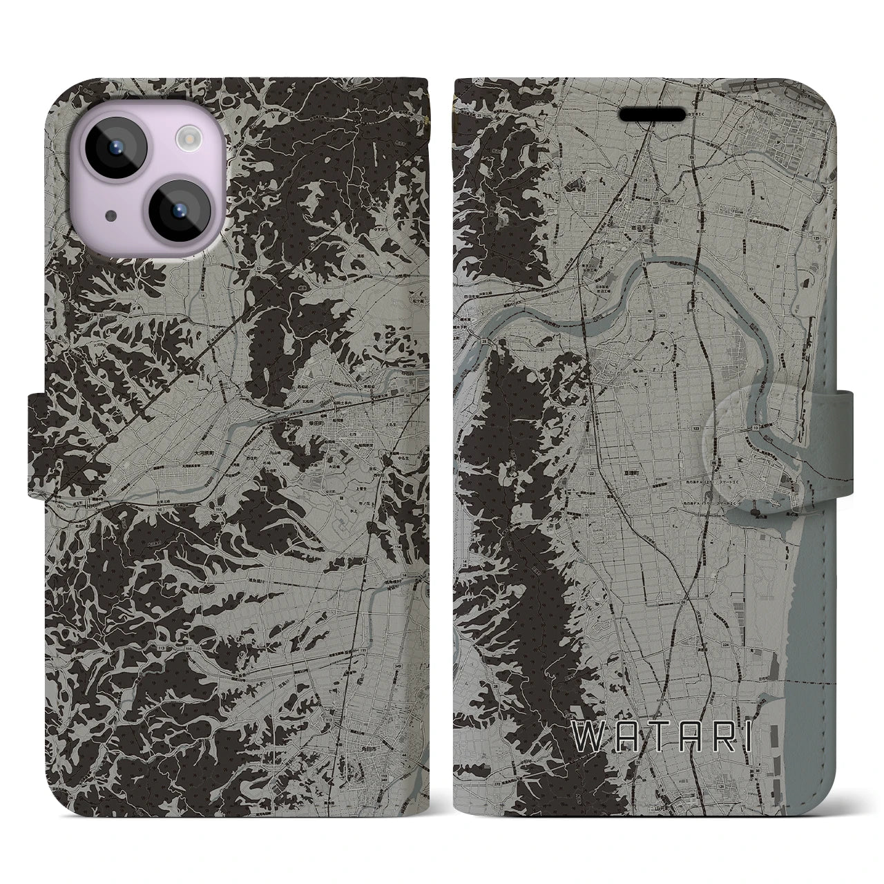 【亘理(宮城県)】地図柄iPhoneケース(手帳タイプ)モノトーン・iPhone 14 用