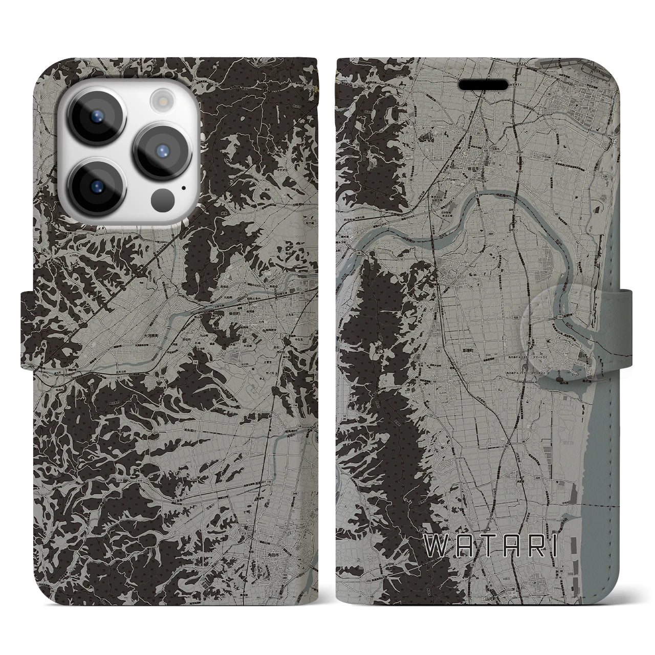 【亘理(宮城県)】地図柄iPhoneケース(手帳タイプ)モノトーン・iPhone 14 Pro 用