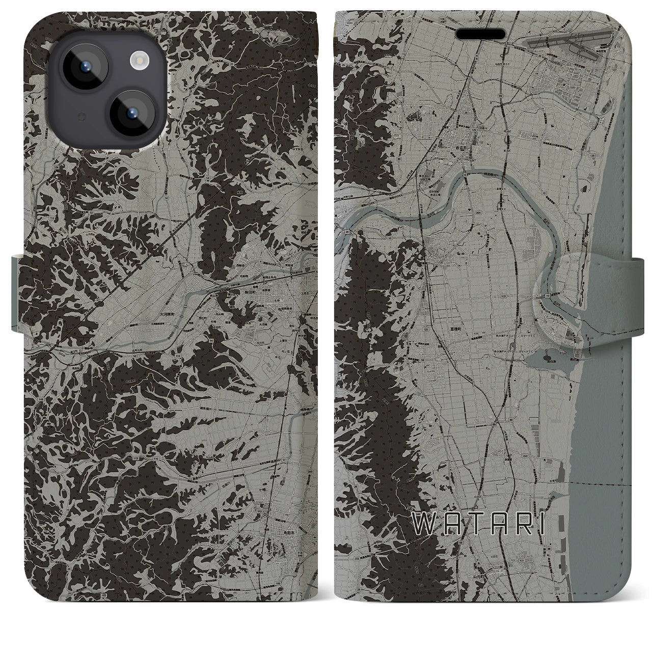 【亘理(宮城県)】地図柄iPhoneケース(手帳タイプ)モノトーン・iPhone 14 Plus 用