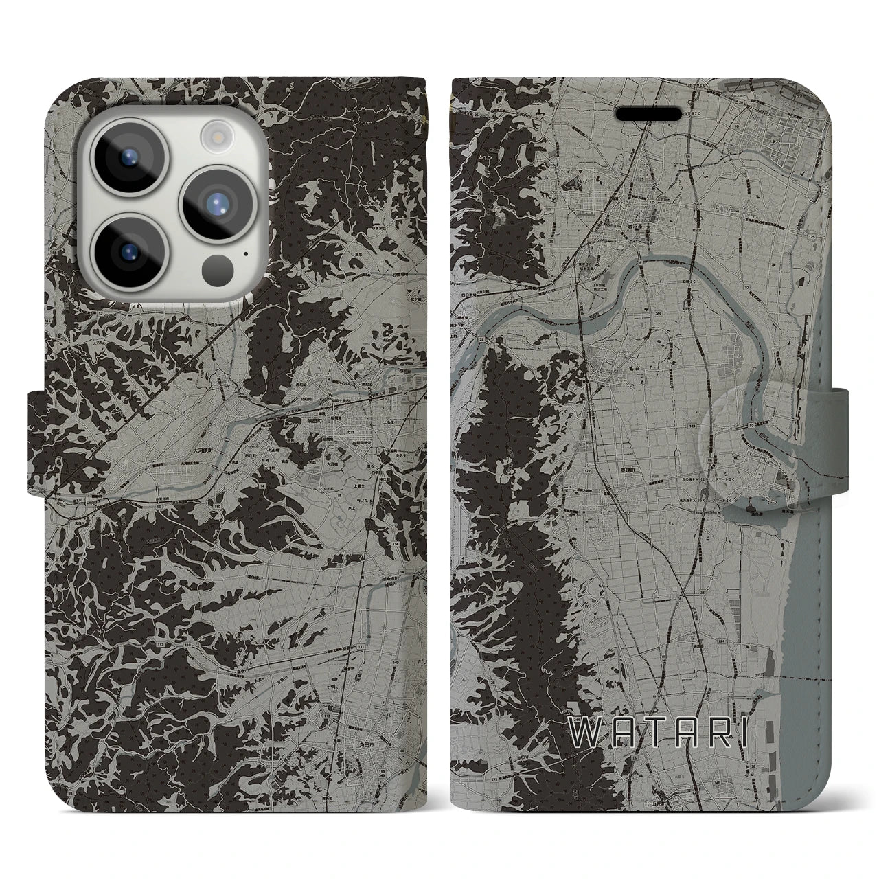 【亘理(宮城県)】地図柄iPhoneケース(手帳タイプ)モノトーン・iPhone 15 Pro 用
