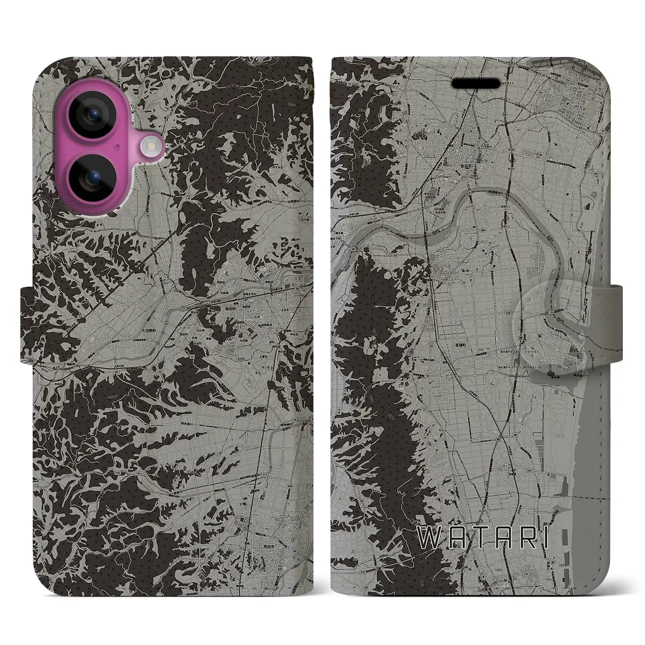 【亘理(宮城県)】地図柄iPhoneケース(手帳タイプ)モノトーン・iPhone 16 Pro 用