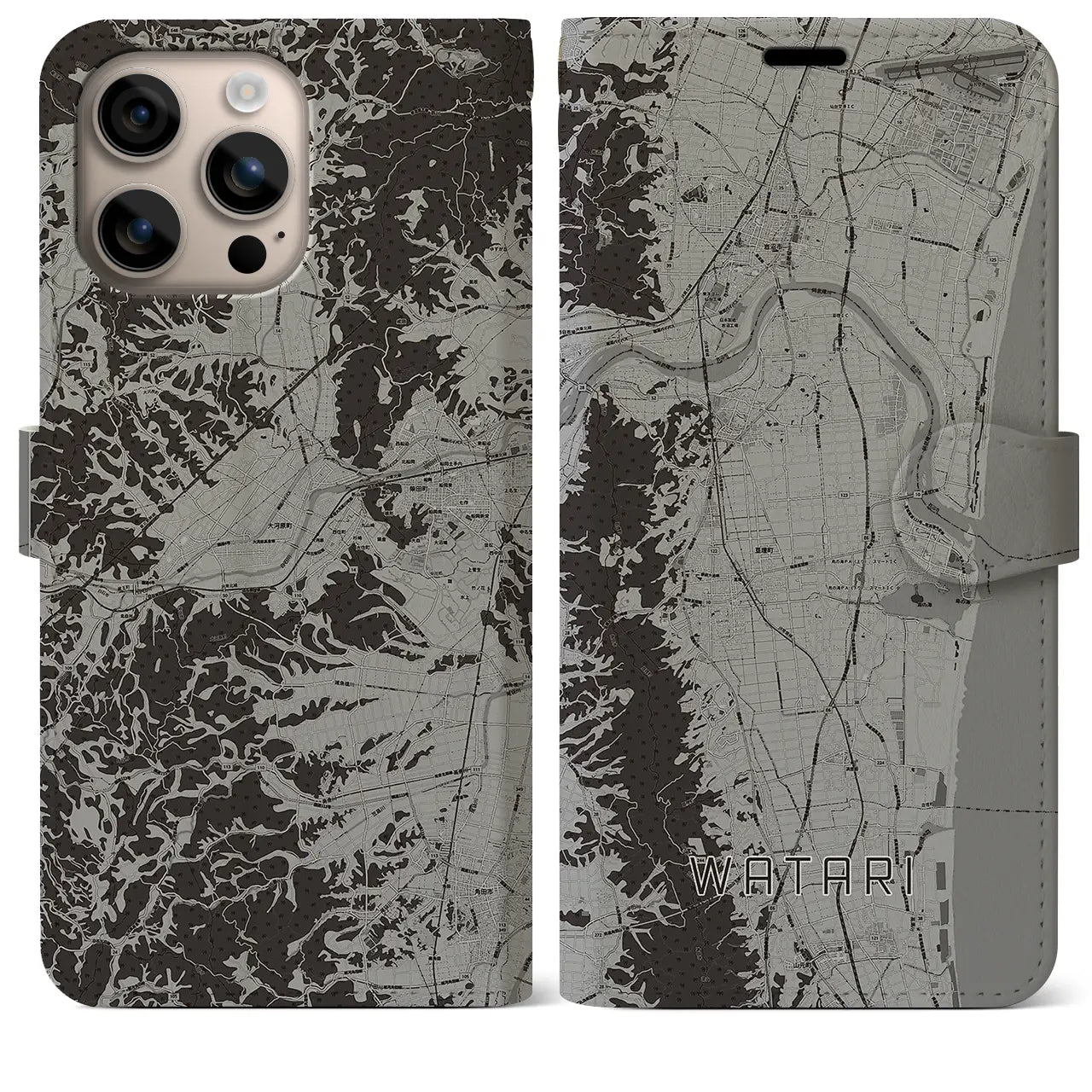 【亘理(宮城県)】地図柄iPhoneケース(手帳タイプ)モノトーン・iPhone 16 Plus 用
