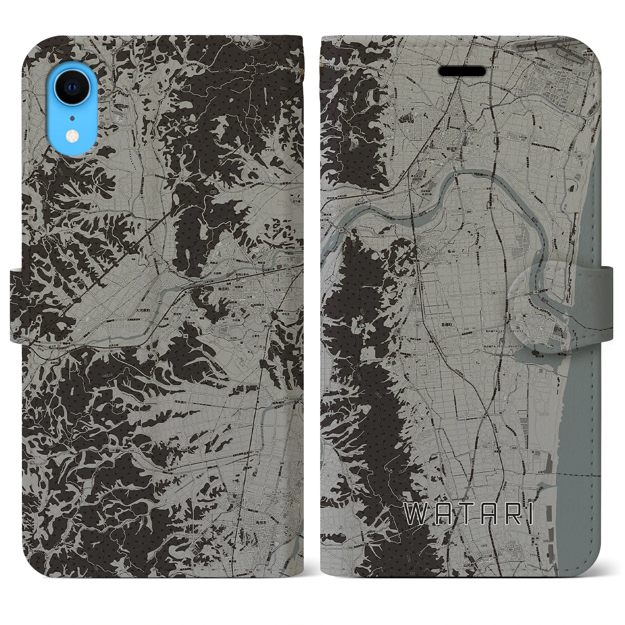 【亘理(宮城県)】地図柄iPhoneケース(手帳タイプ)モノトーン・iPhone XR 用