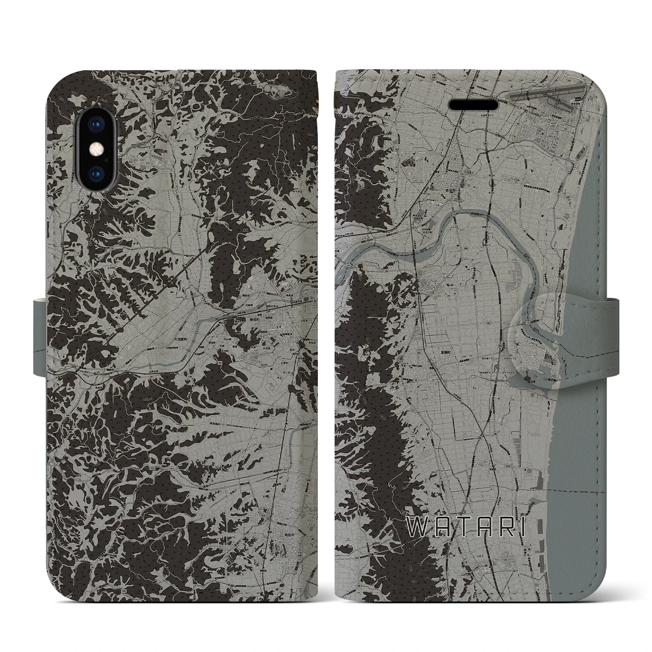 【亘理(宮城県)】地図柄iPhoneケース(手帳タイプ)モノトーン・iPhone XS / X 用