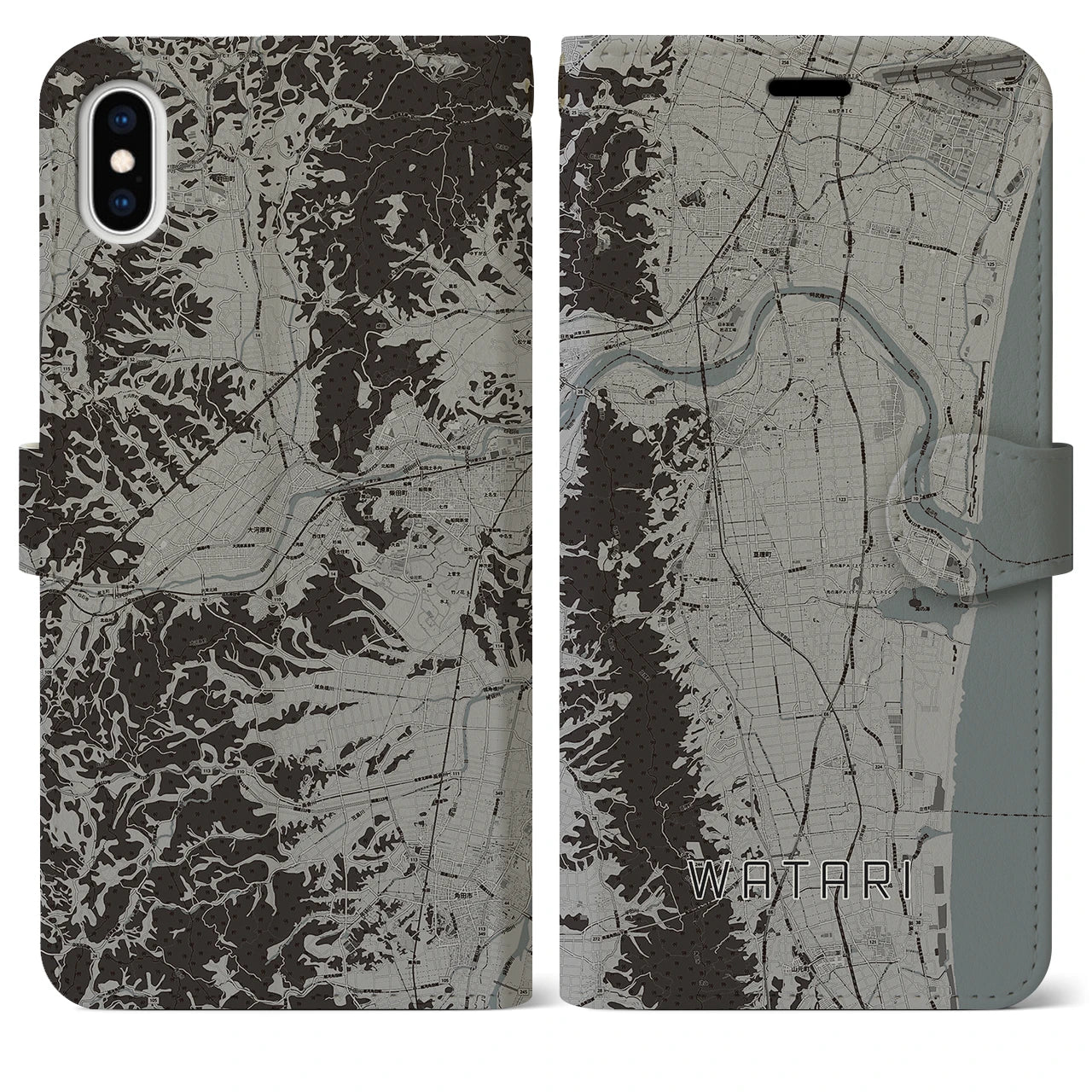 【亘理(宮城県)】地図柄iPhoneケース(手帳タイプ)モノトーン・iPhone XS Max 用