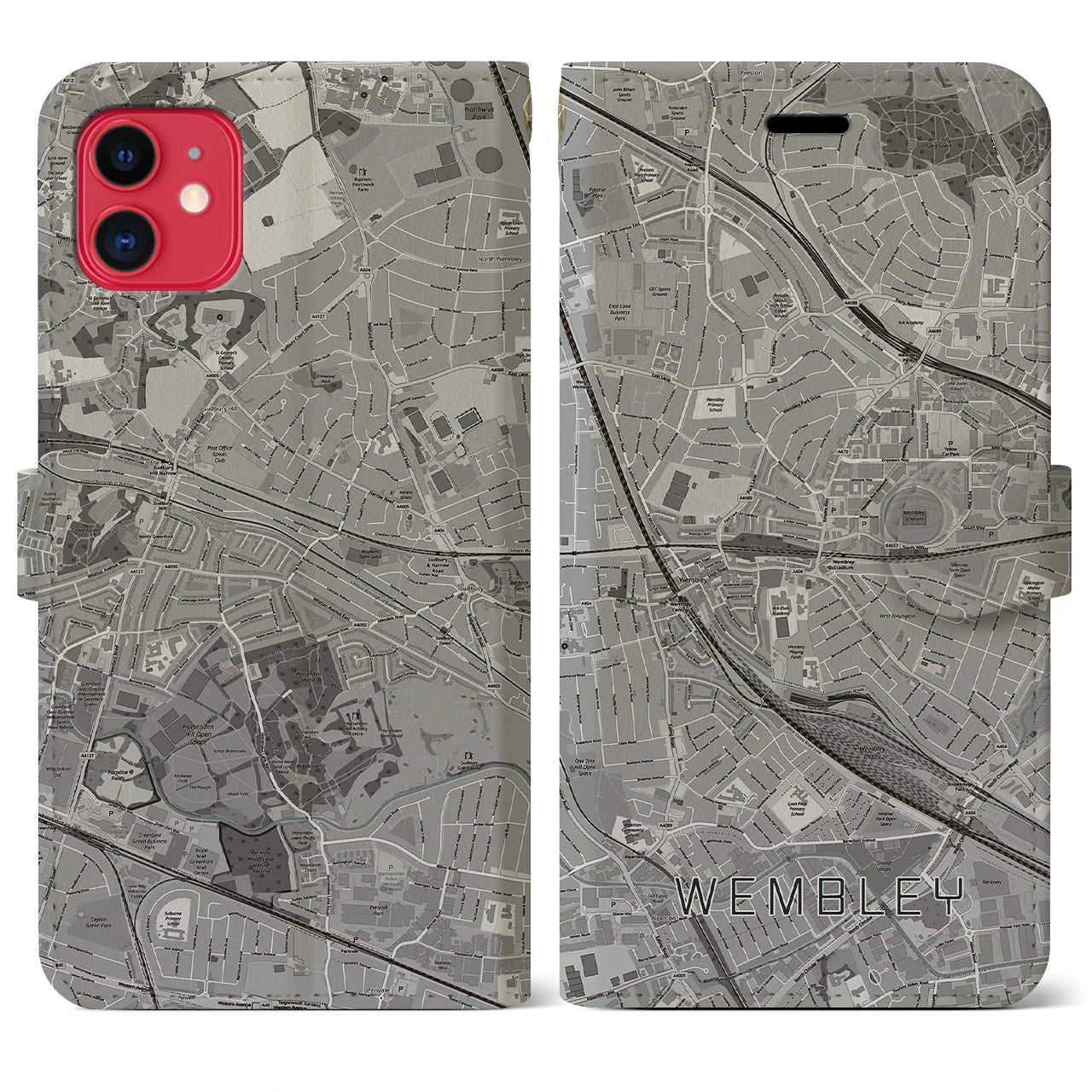 【ウェンブリー(イギリス)】地図柄iPhoneケース(手帳タイプ)モノトーン・iPhone 11 用