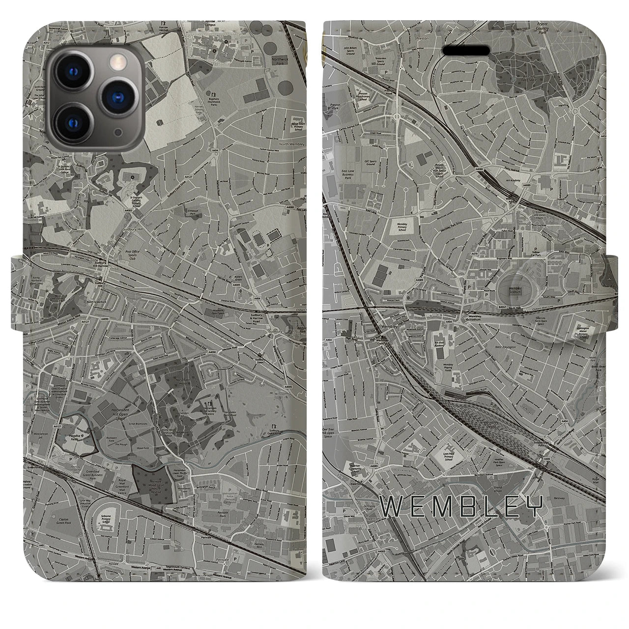 【ウェンブリー(イギリス)】地図柄iPhoneケース(手帳タイプ)モノトーン・iPhone 11 Pro Max 用