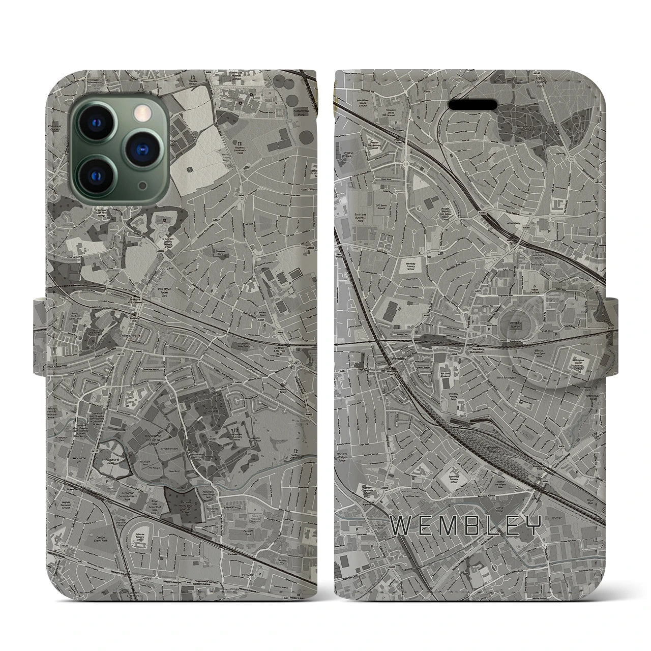 【ウェンブリー(イギリス)】地図柄iPhoneケース(手帳タイプ)モノトーン・iPhone 11 Pro 用