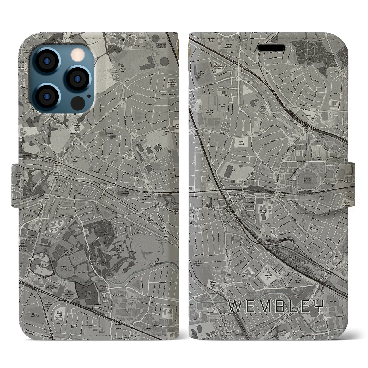 【ウェンブリー(イギリス)】地図柄iPhoneケース(手帳タイプ)モノトーン・iPhone 12 / 12 Pro 用