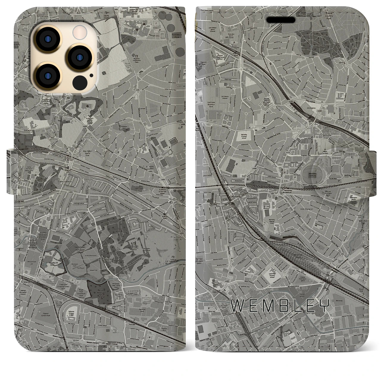 【ウェンブリー(イギリス)】地図柄iPhoneケース(手帳タイプ)モノトーン・iPhone 12 Pro Max 用