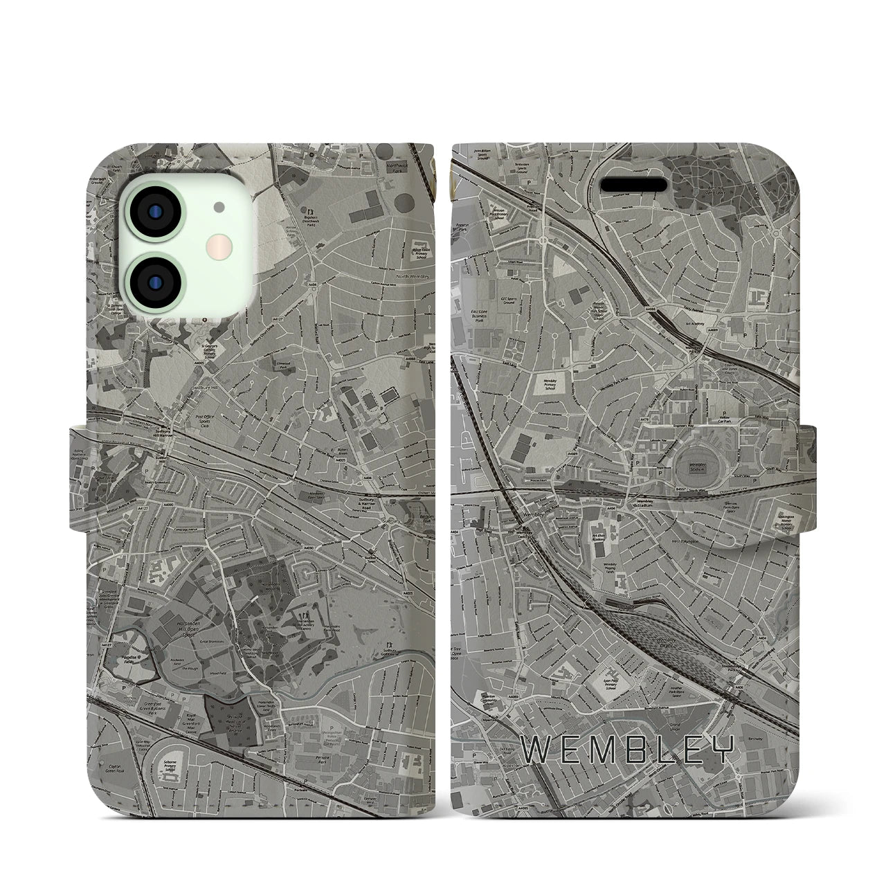 【ウェンブリー(イギリス)】地図柄iPhoneケース(手帳タイプ)モノトーン・iPhone 12 mini 用