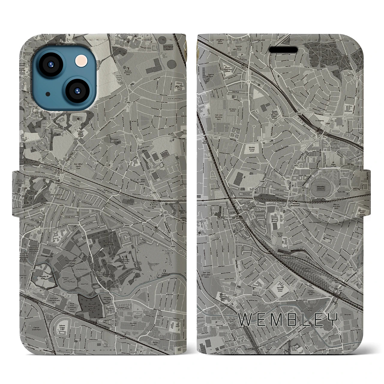 【ウェンブリー(イギリス)】地図柄iPhoneケース(手帳タイプ)モノトーン・iPhone 13 用