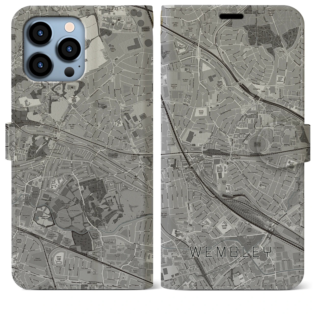 【ウェンブリー(イギリス)】地図柄iPhoneケース(手帳タイプ)モノトーン・iPhone 13 Pro Max 用