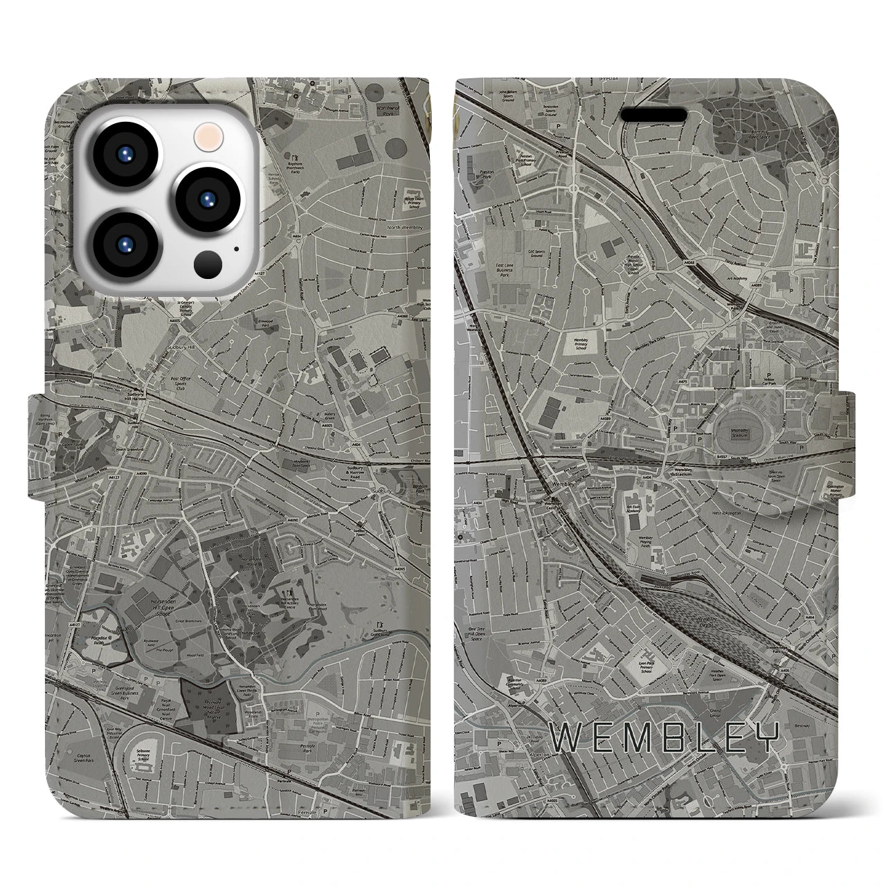 【ウェンブリー(イギリス)】地図柄iPhoneケース(手帳タイプ)モノトーン・iPhone 13 Pro 用