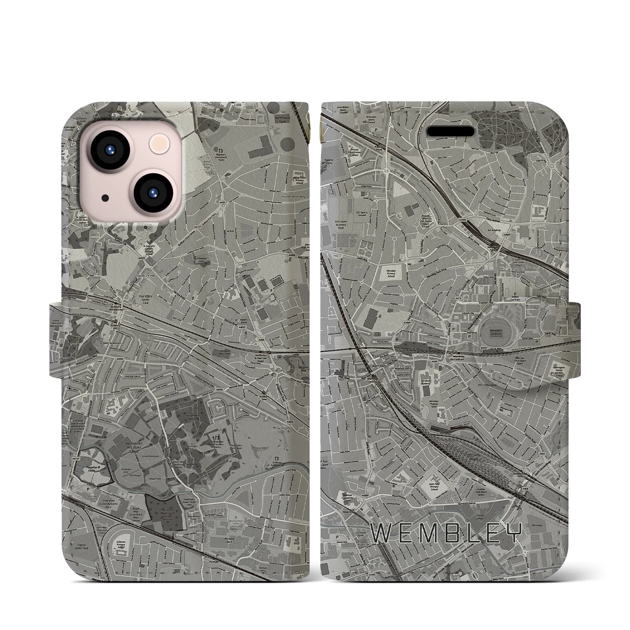 【ウェンブリー(イギリス)】地図柄iPhoneケース(手帳タイプ)モノトーン・iPhone 13 mini 用