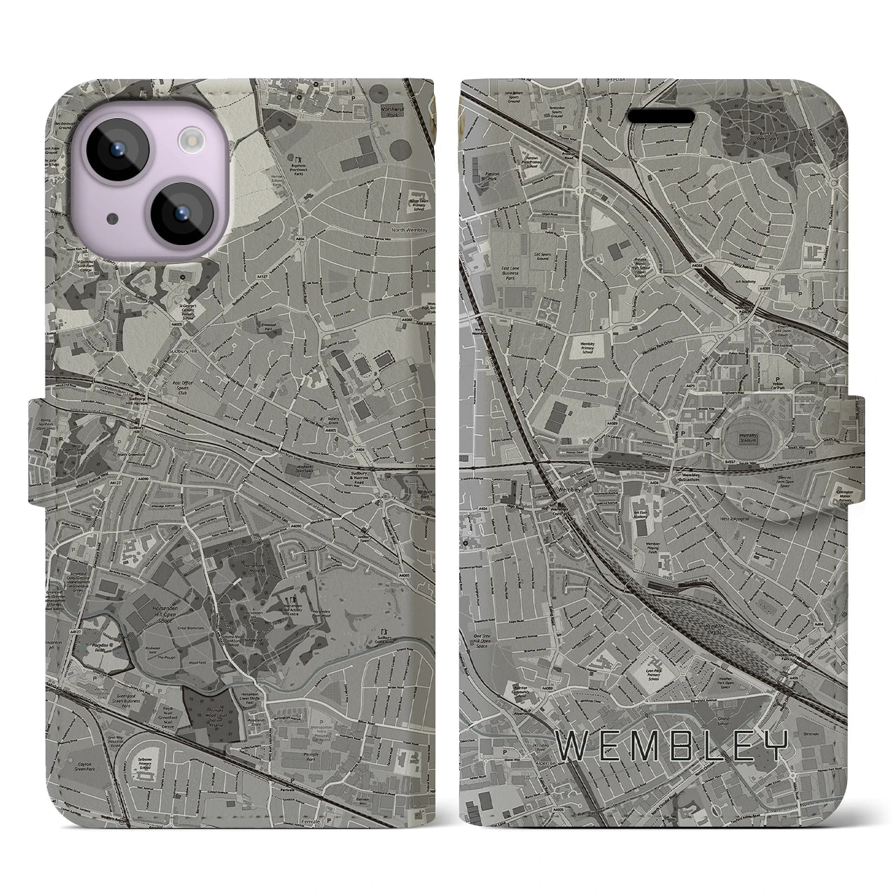 【ウェンブリー(イギリス)】地図柄iPhoneケース(手帳タイプ)モノトーン・iPhone 14 用