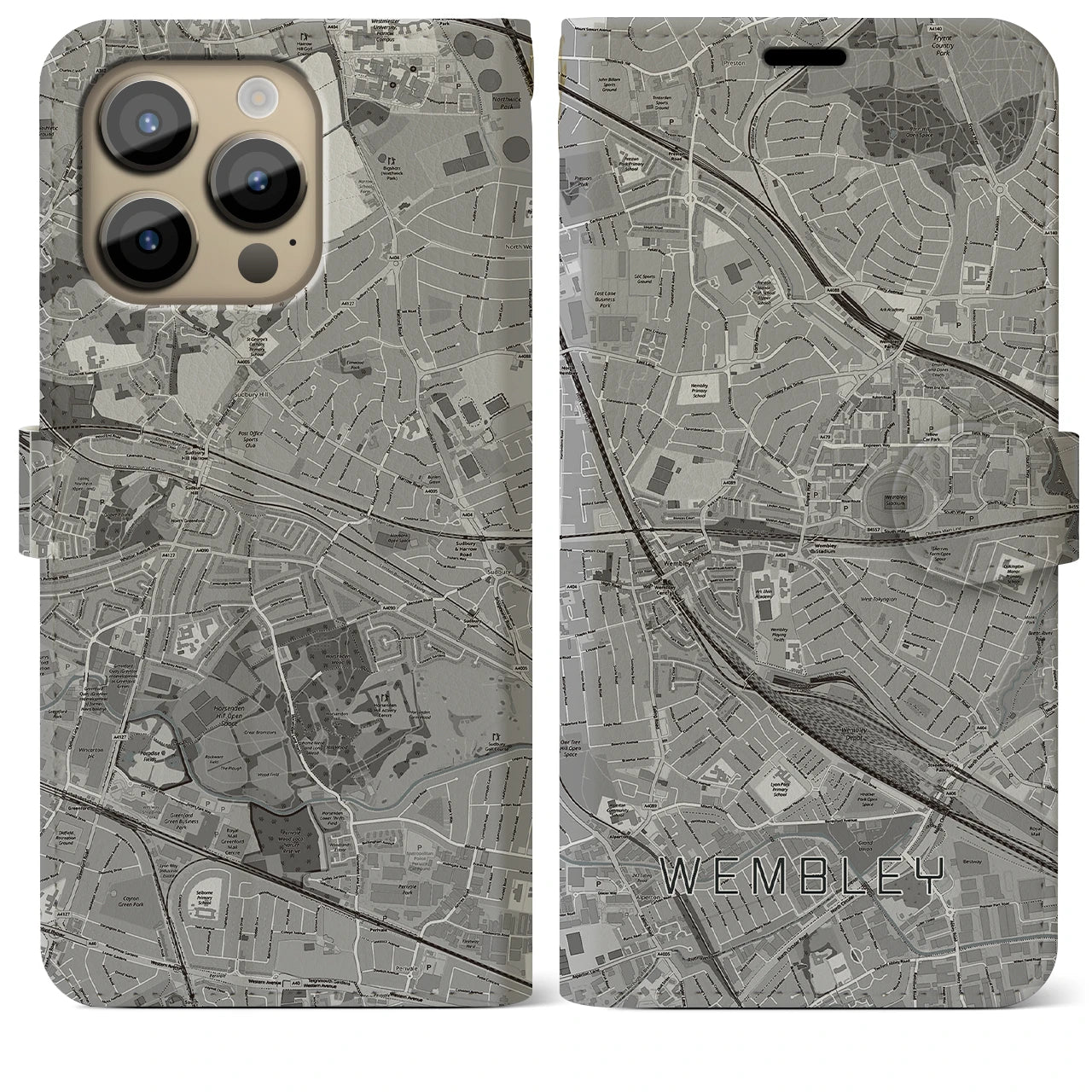 【ウェンブリー(イギリス)】地図柄iPhoneケース(手帳タイプ)モノトーン・iPhone 14 Pro Max 用