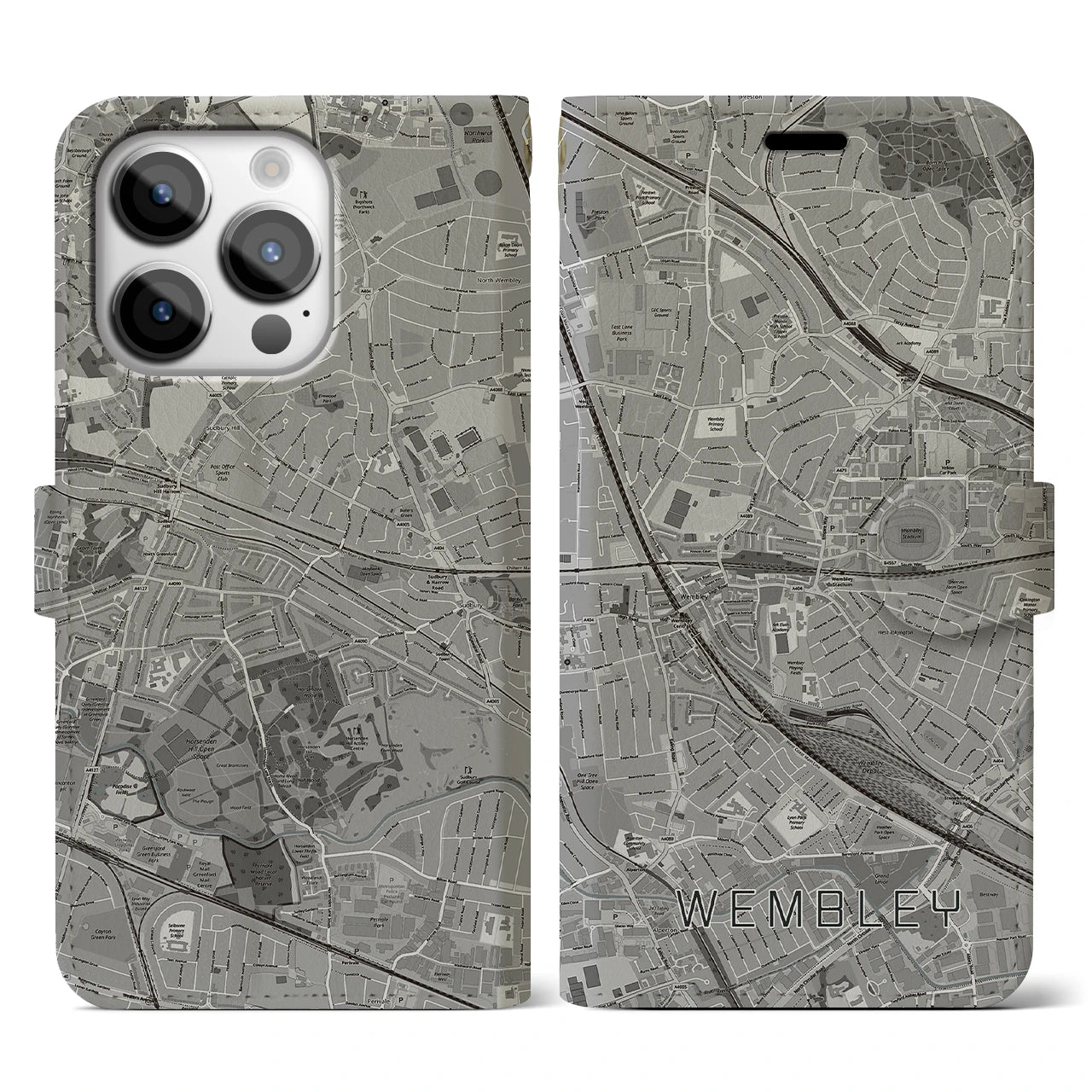 【ウェンブリー(イギリス)】地図柄iPhoneケース(手帳タイプ)モノトーン・iPhone 14 Pro 用