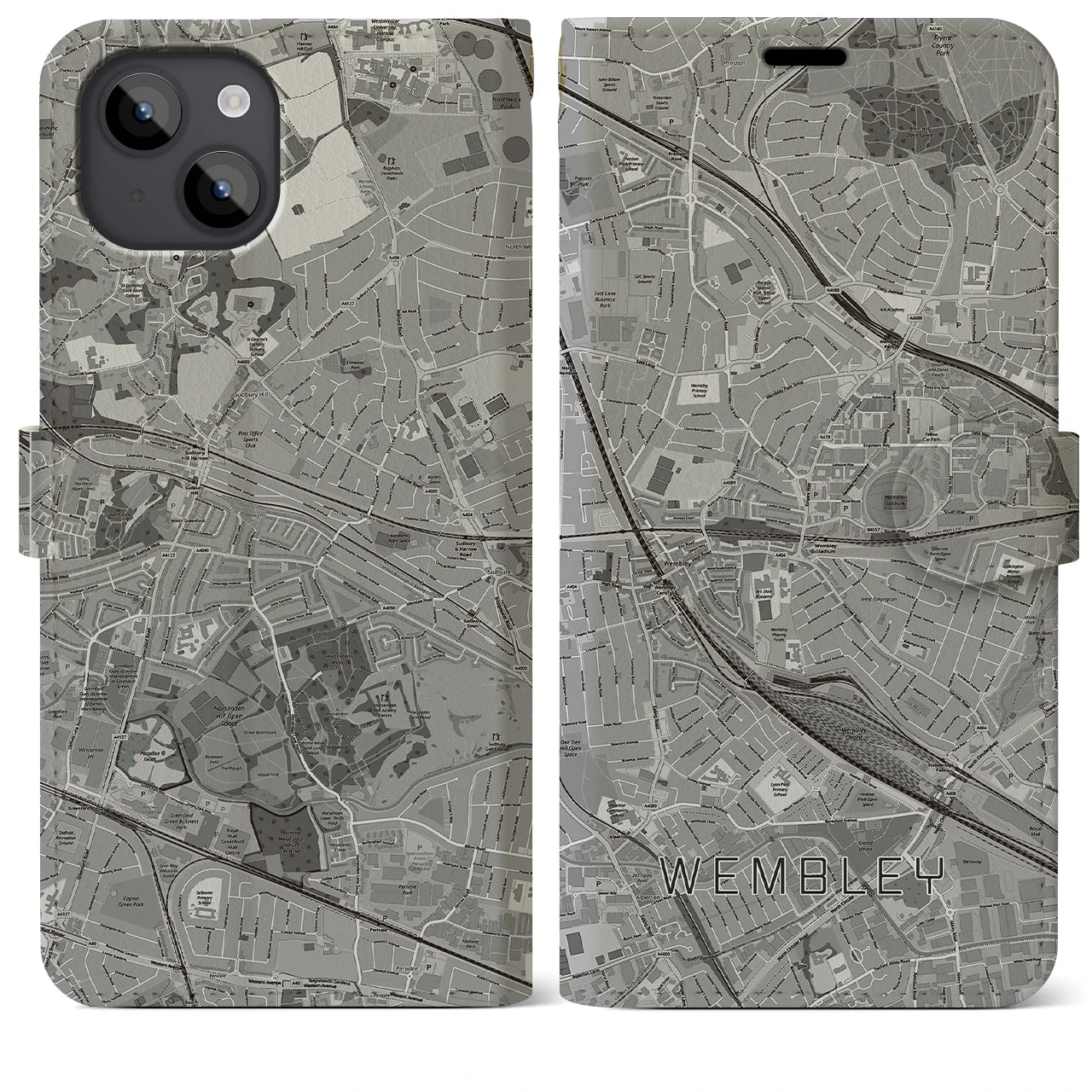 【ウェンブリー(イギリス)】地図柄iPhoneケース(手帳タイプ)モノトーン・iPhone 14 Plus 用