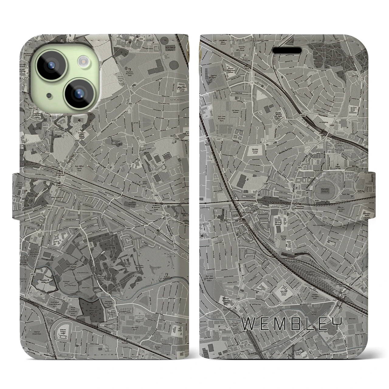 【ウェンブリー(イギリス)】地図柄iPhoneケース(手帳タイプ)モノトーン・iPhone 15 用