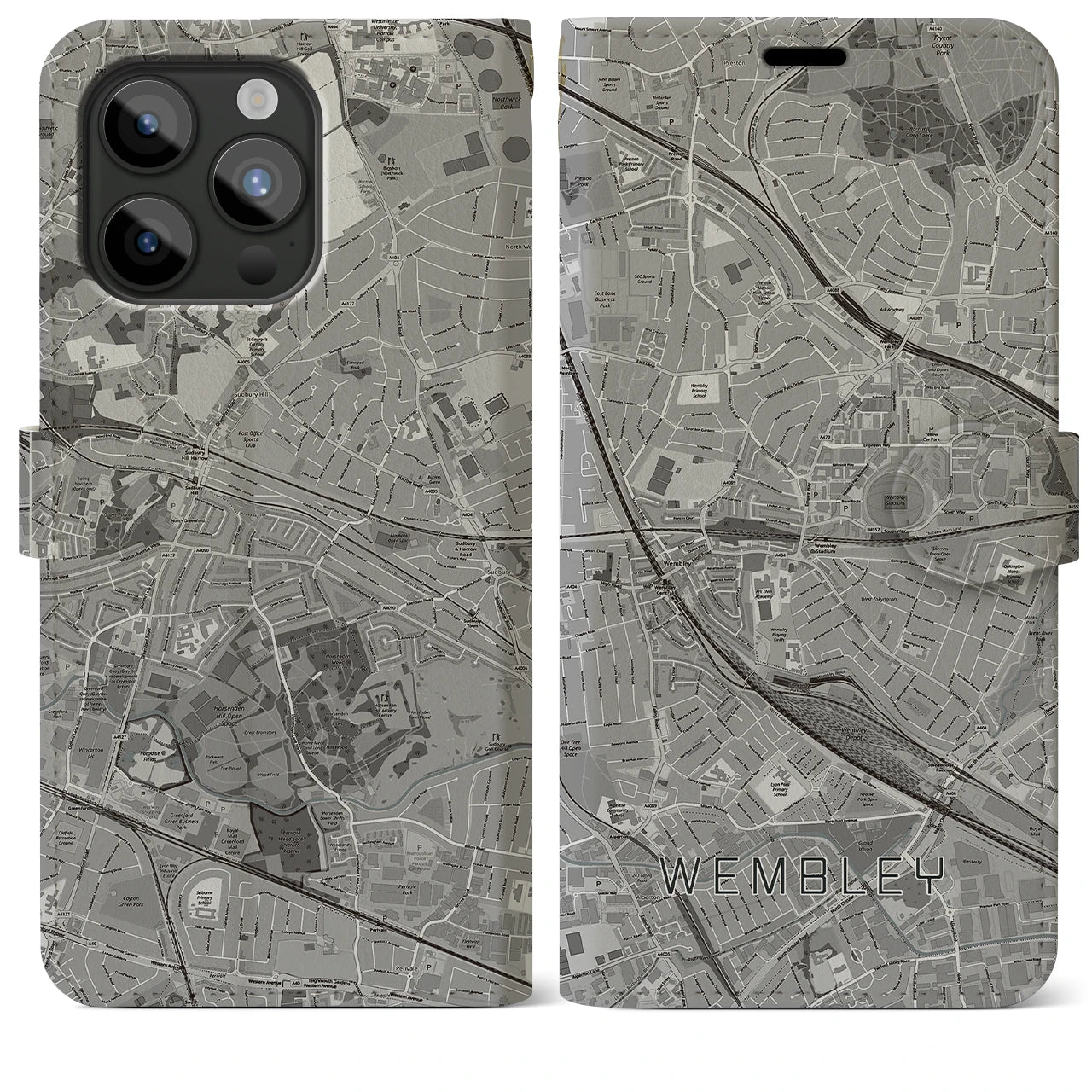 【ウェンブリー(イギリス)】地図柄iPhoneケース(手帳タイプ)モノトーン・iPhone 15 Pro Max 用