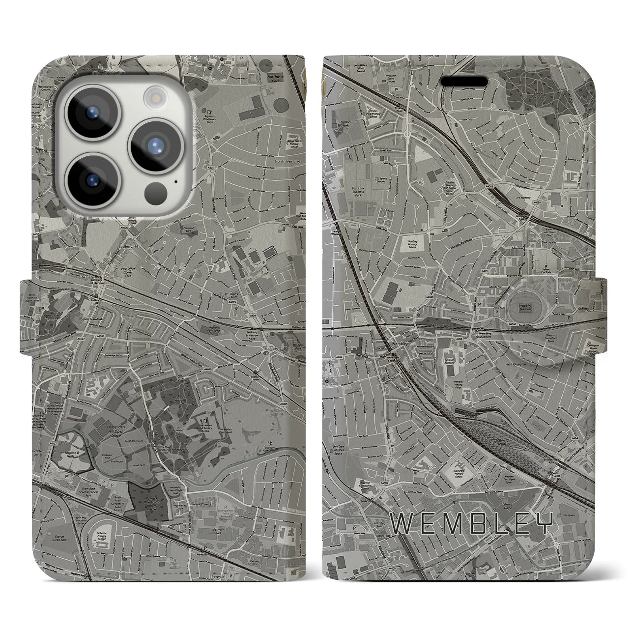 【ウェンブリー(イギリス)】地図柄iPhoneケース(手帳タイプ)モノトーン・iPhone 15 Pro 用