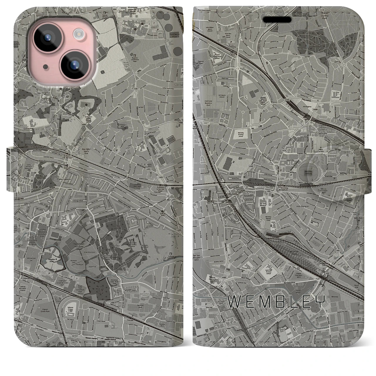 【ウェンブリー(イギリス)】地図柄iPhoneケース(手帳タイプ)モノトーン・iPhone 15 Plus 用