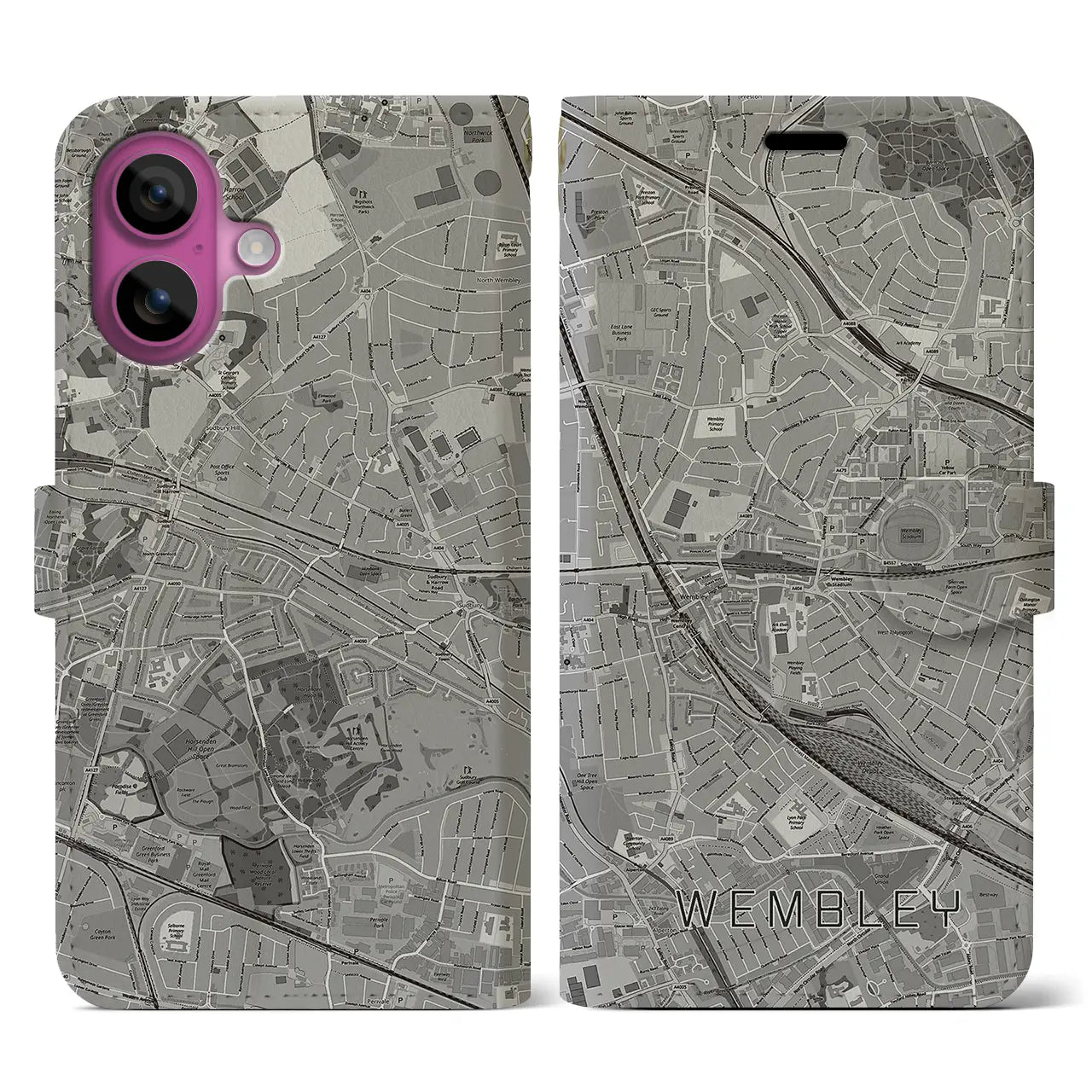 【ウェンブリー(イギリス)】地図柄iPhoneケース(手帳タイプ)モノトーン・iPhone 16 Pro 用
