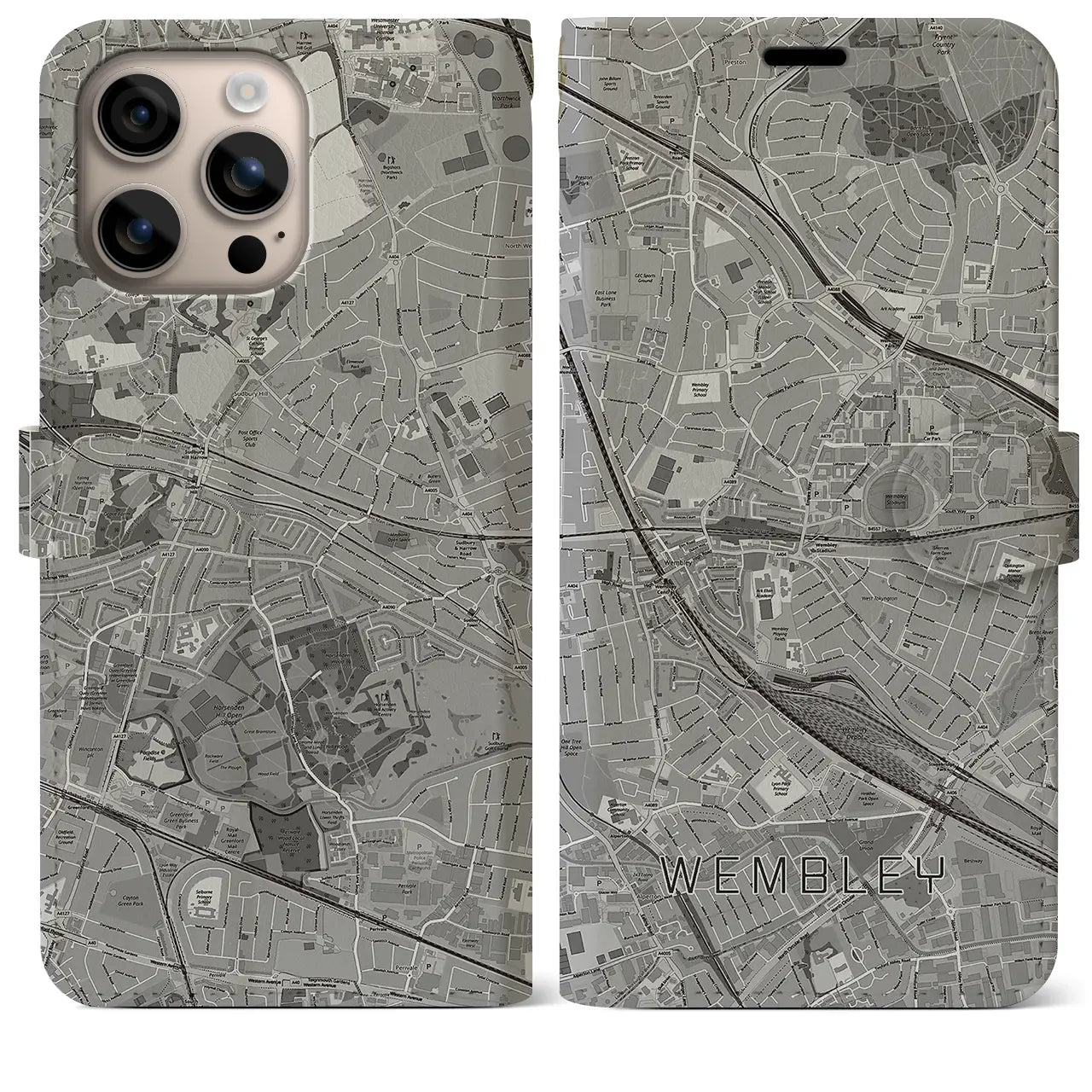 【ウェンブリー(イギリス)】地図柄iPhoneケース(手帳タイプ)モノトーン・iPhone 16 Plus 用