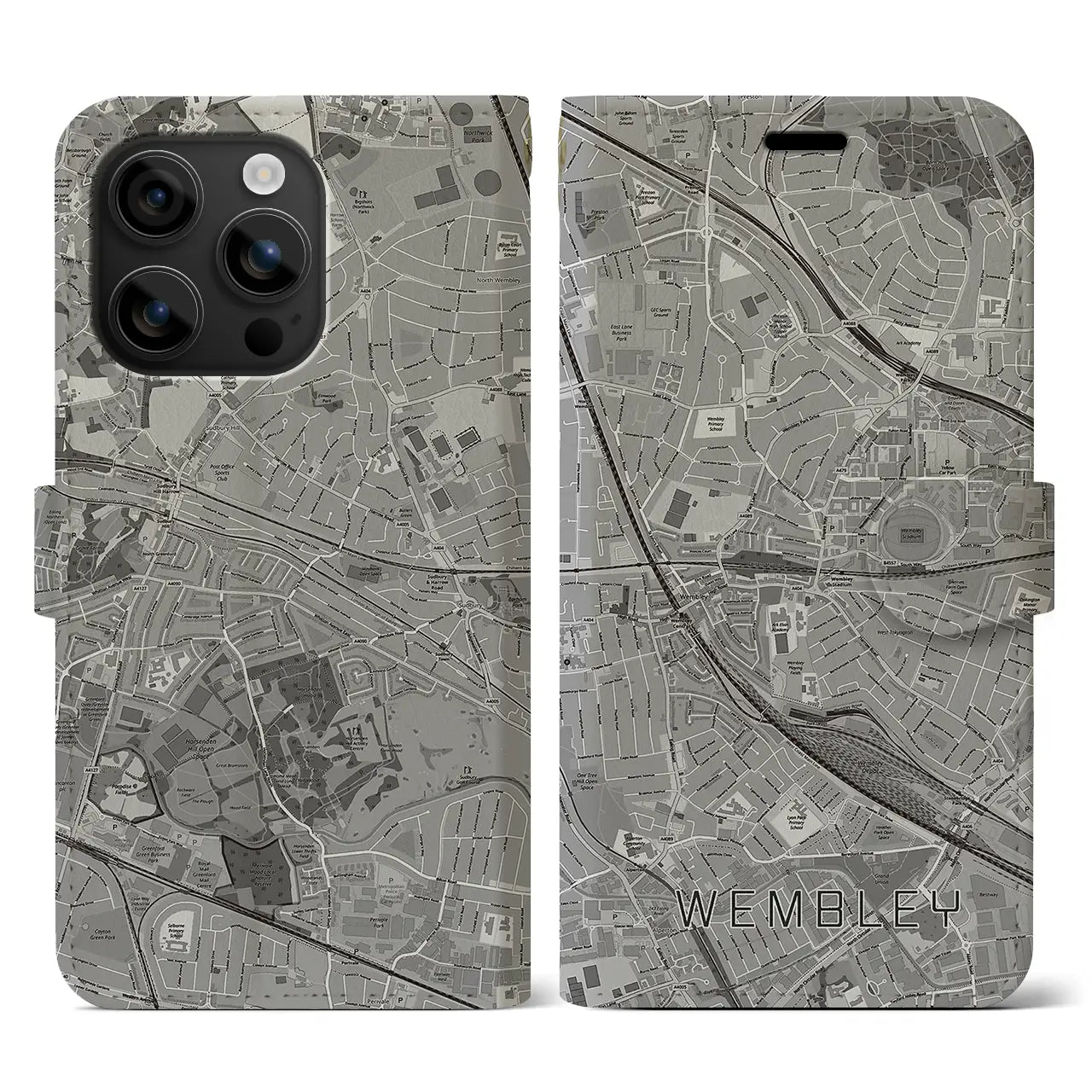 【ウェンブリー(イギリス)】地図柄iPhoneケース(手帳タイプ)モノトーン・iPhone 16 用