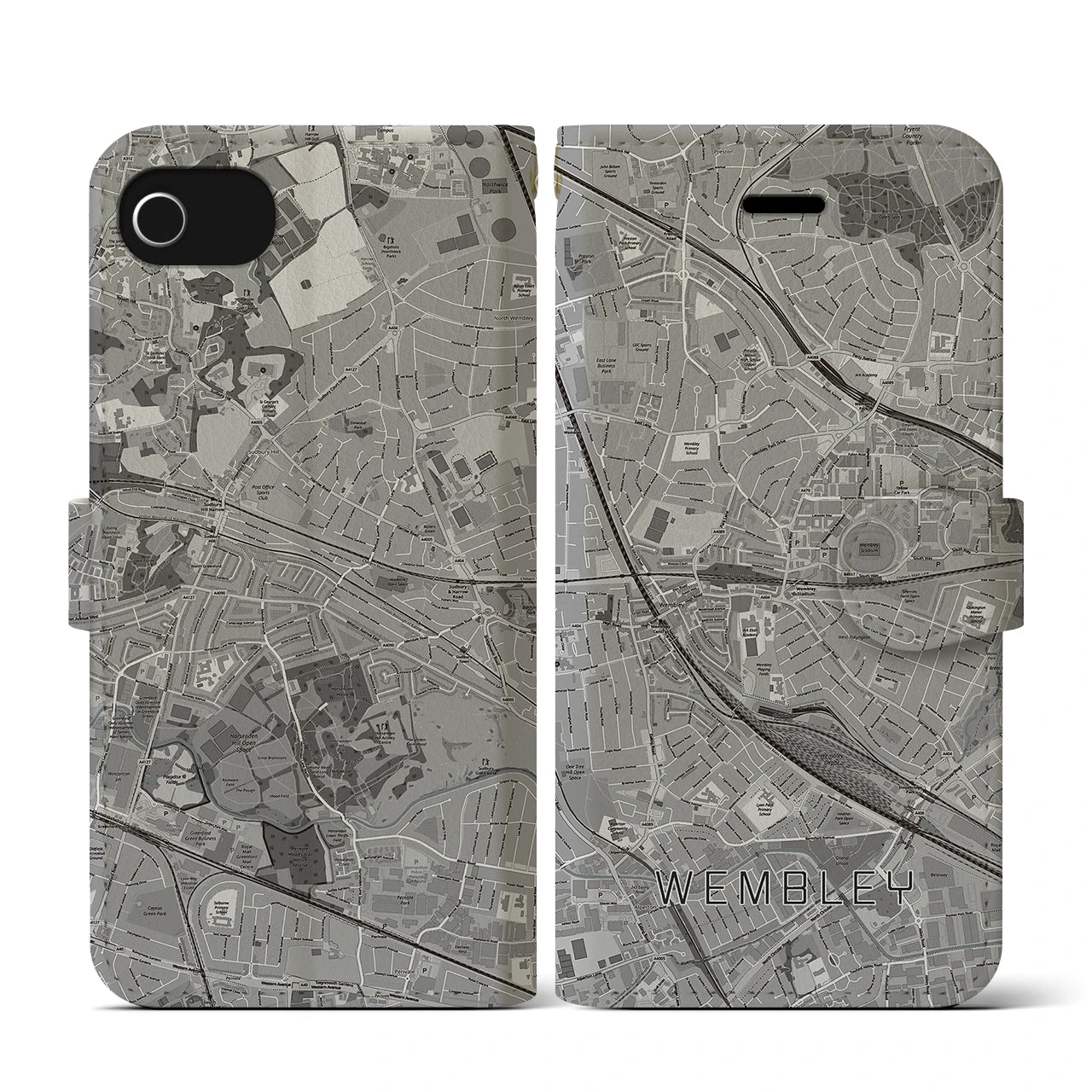 【ウェンブリー(イギリス)】地図柄iPhoneケース(手帳タイプ)モノトーン・iPhone SE(第3 / 第2世代) / 8 / 7 / 6s / 6 用