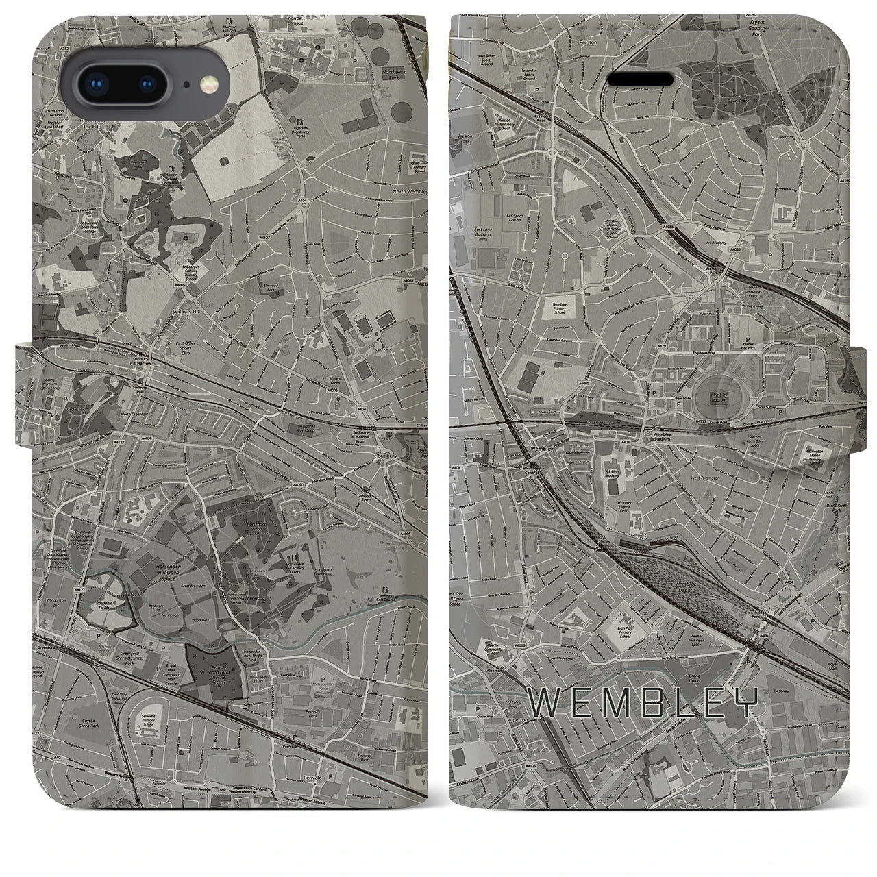 【ウェンブリー(イギリス)】地図柄iPhoneケース(手帳タイプ)モノトーン・iPhone 8Plus /7Plus / 6sPlus / 6Plus 用